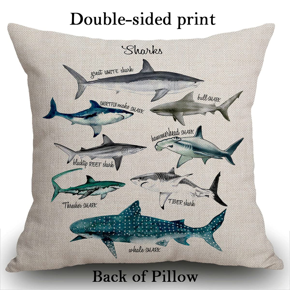 Lot de 4 housses de coussin décoratives en forme de requin - Motif animaux marins - Pour canapé, monde sous-marin - Bleu - 40,6 x 40,6 cm