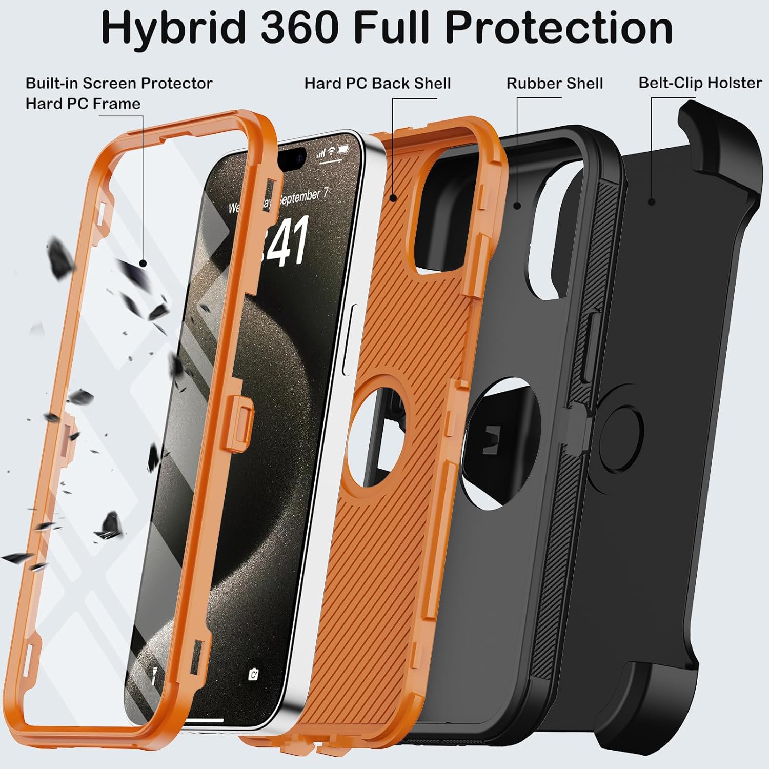for iPhone 15 Pro Max Case with Belt Clip Holster,Built-in Screen Protector,Heavy Duty Shockproof Drop Protection Military Grade 3 Layers Rugged Phone Cover with Kickstand 6.7" (Black Orange) - Image 3