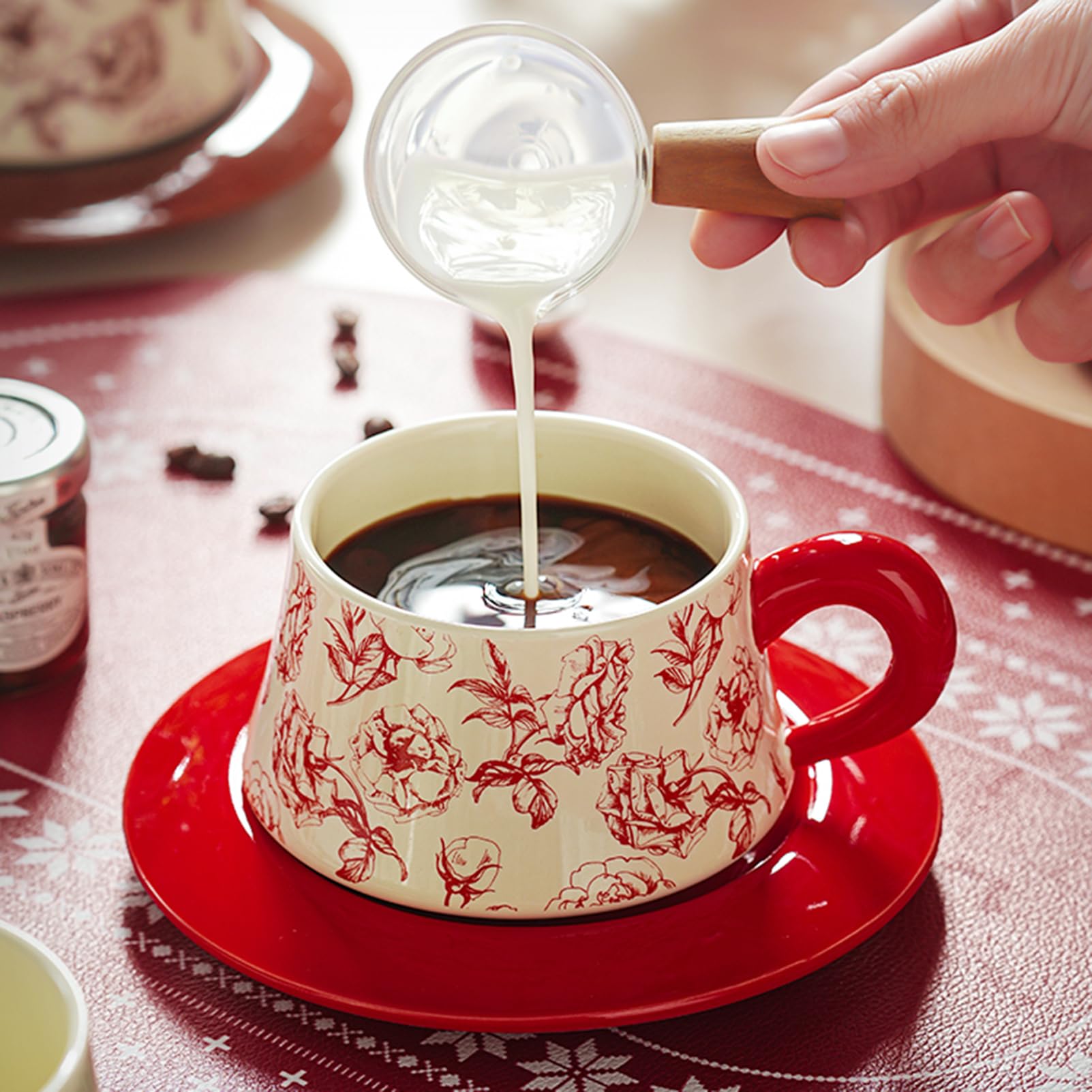 Ceramiczne kubki do kawy w stylu vintage, zestaw 6 sztuk, retro kubki z kwiatowym nadrukiem, nadają się do kuchenki mikrofalowej, idealne na poranną kawę i herbatę, prezent dla miłośników kawy