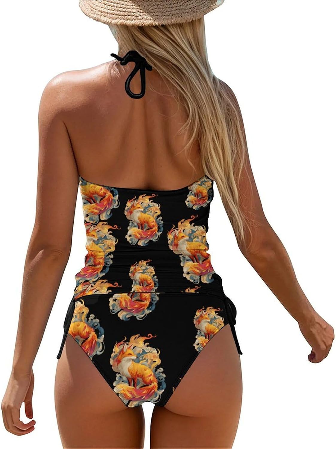 Vintage Fox with Flames Women Tankini 2 Piece Swim Bathing Suits | tummy control,high neck top with bottom,swimwear,swimsuits