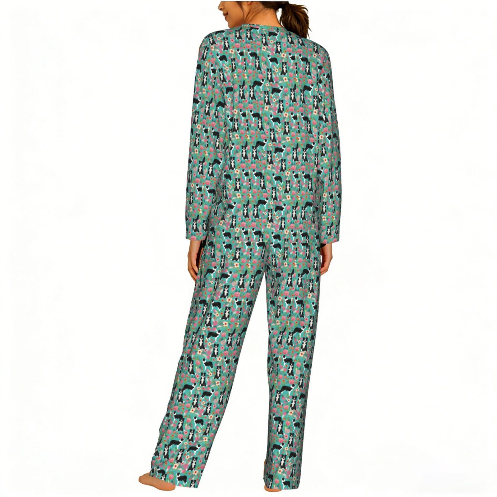 Pigiama da donna a maniche lunghe con stampa floreale Border Collie morbido elastico coulisse casual Daywear