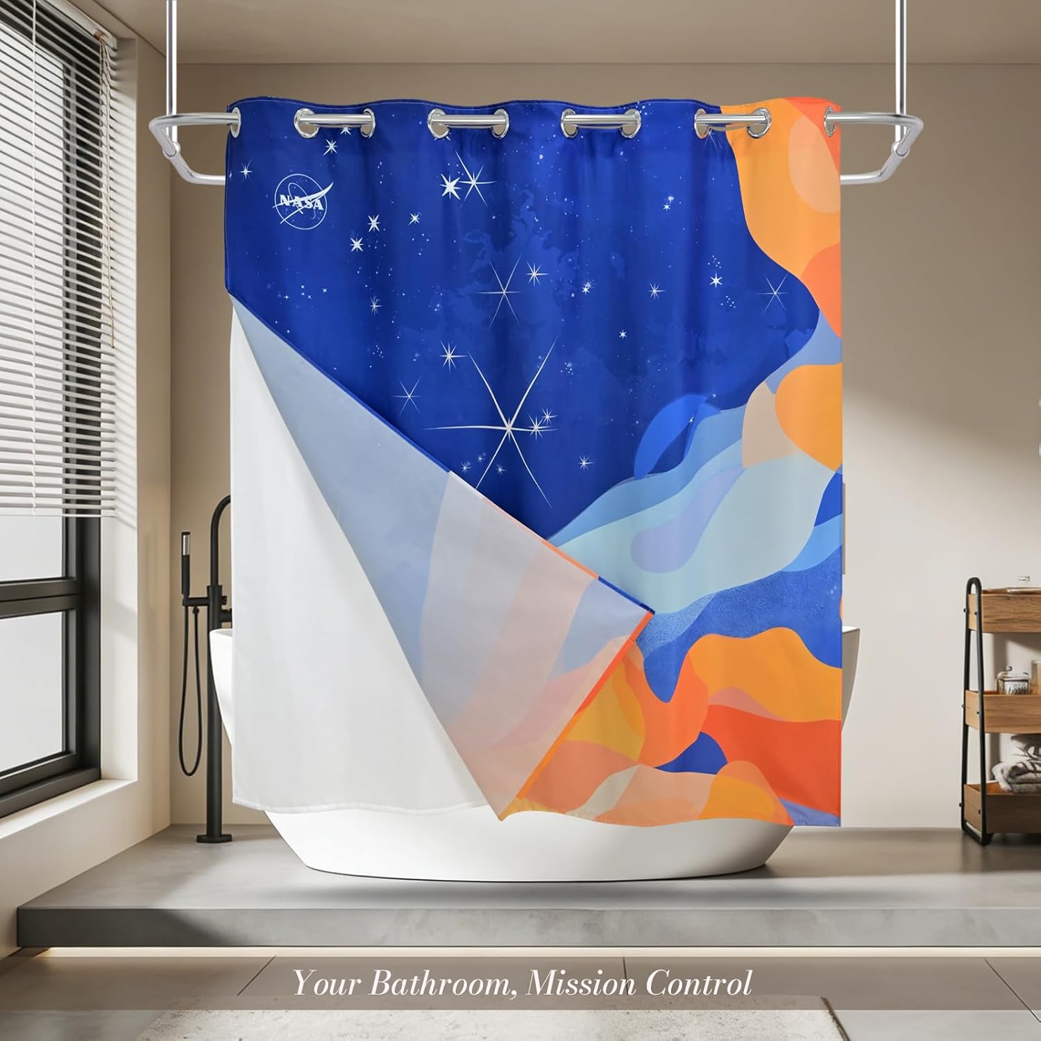 NASA Cosmic Dunes No Hook Shower Curtain Set, NASA-Licensed Space Poster Art, Nebula Cloud Star Design, Gallery-Style Bathroom Décor (Cosmic Dunes-Blue, 72" W x 74" L (Pack of 1))