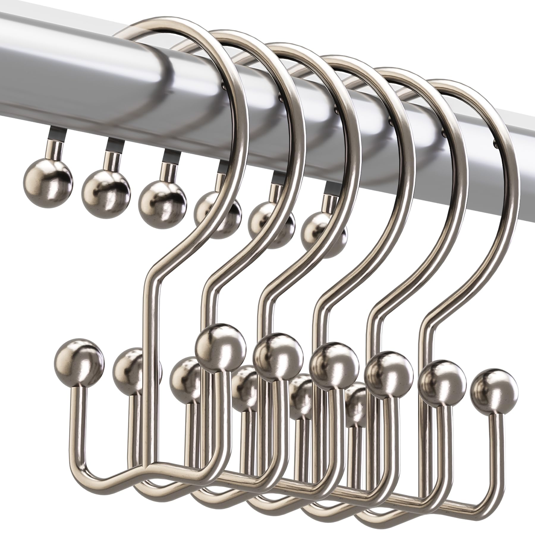 Titanker Shower Curtain Hooks Nickel, Minimalist Simple Double Glide Shower Curtain Rings, Rust Proof Metal Shower Hooks Rings for Bathroom Shower Rods Curtains, Set of 12 Hooks