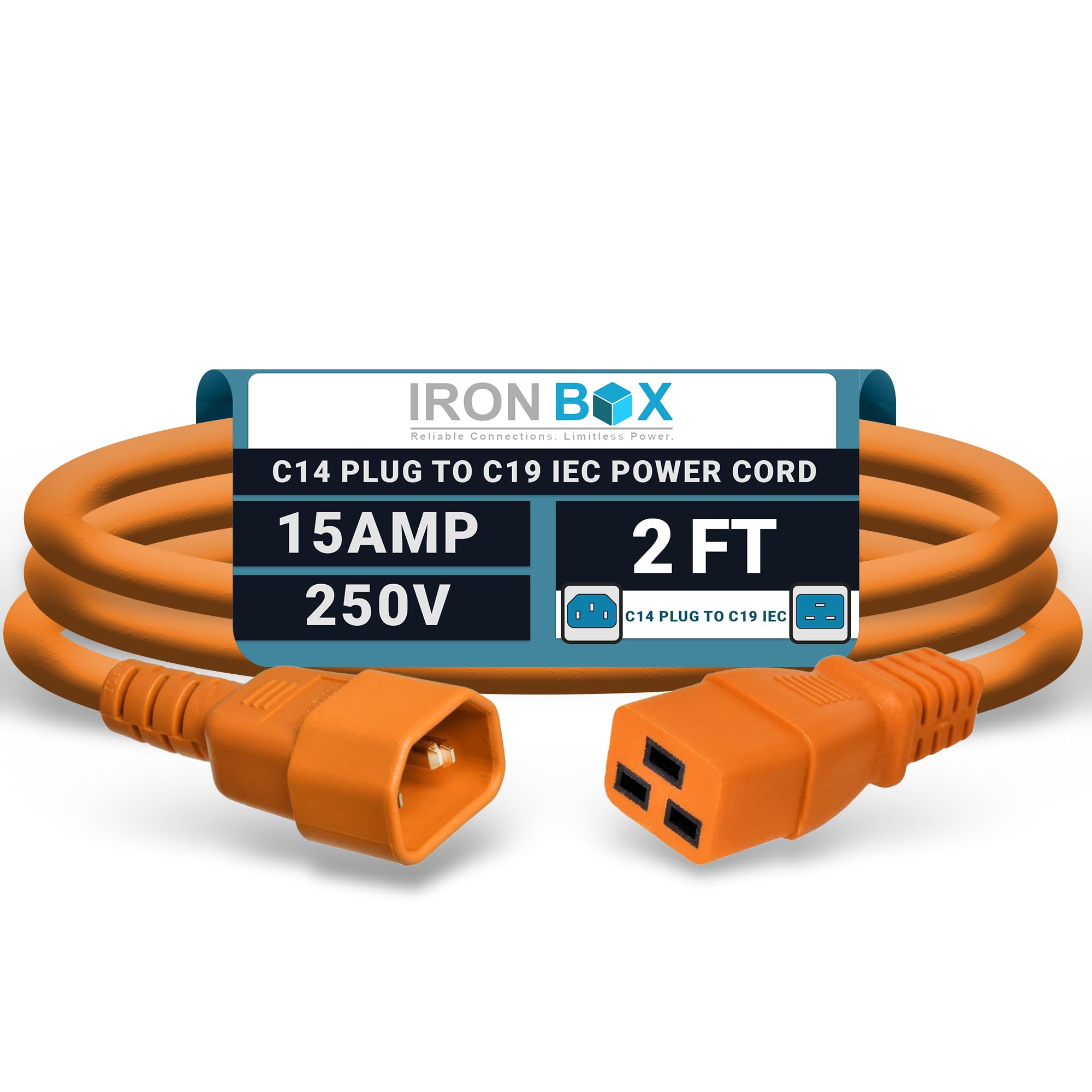 IronBox Electric - Heavy-Duty C14 to C19 Power Cord, 15A, 250V, 14/3 SJT - IEC60320 PC Cable for Computer Extensions, Monitor, PSU - C14 Male to C19 Female Connector Power Cable - (Orange 2 Foot)