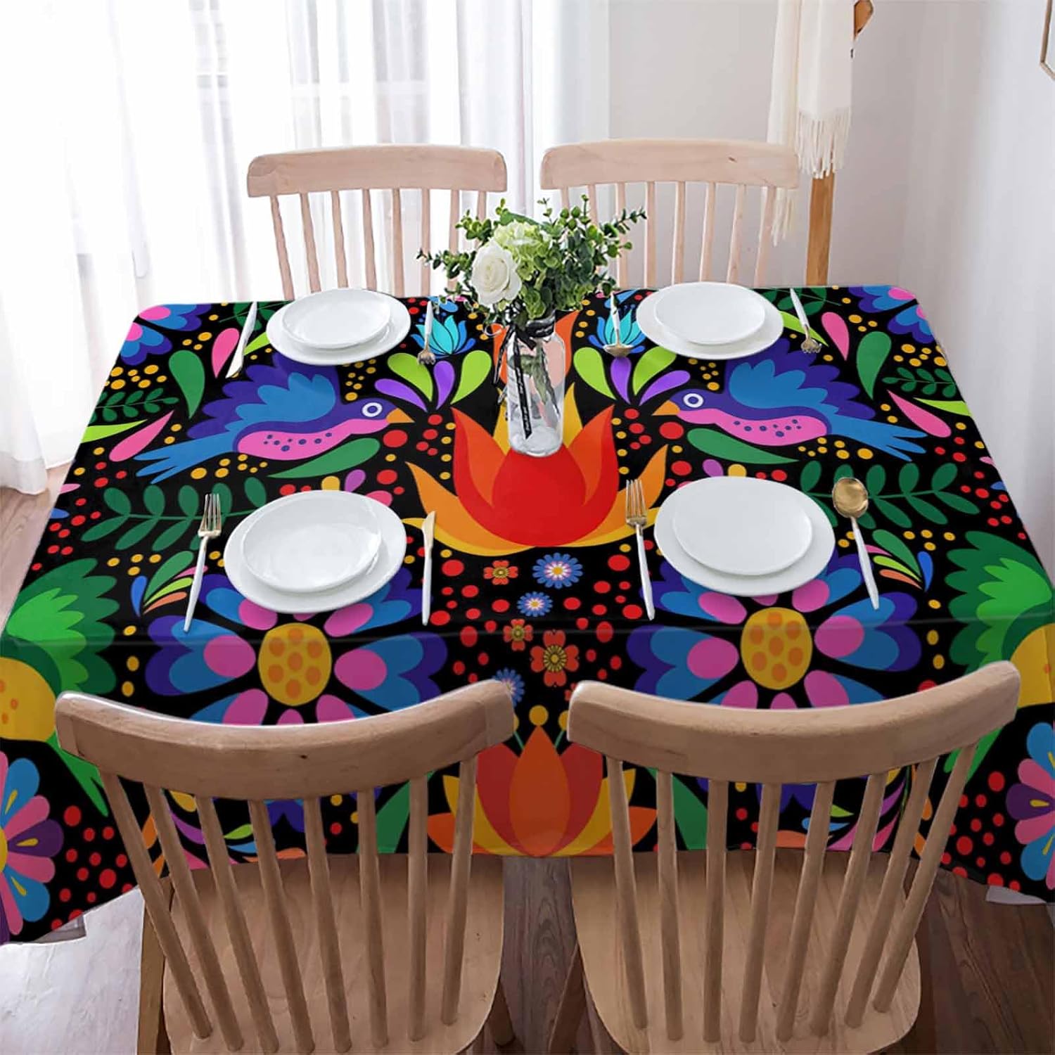 Colorful Mexican Rectangle Tablecloth 60x84inch Oil-Proof Spill-Proof Washable Polyester Fabric Table Cloth for Wedding Party Dining Banquet Restaurant Decor, Geometric Abstract Floral Texture