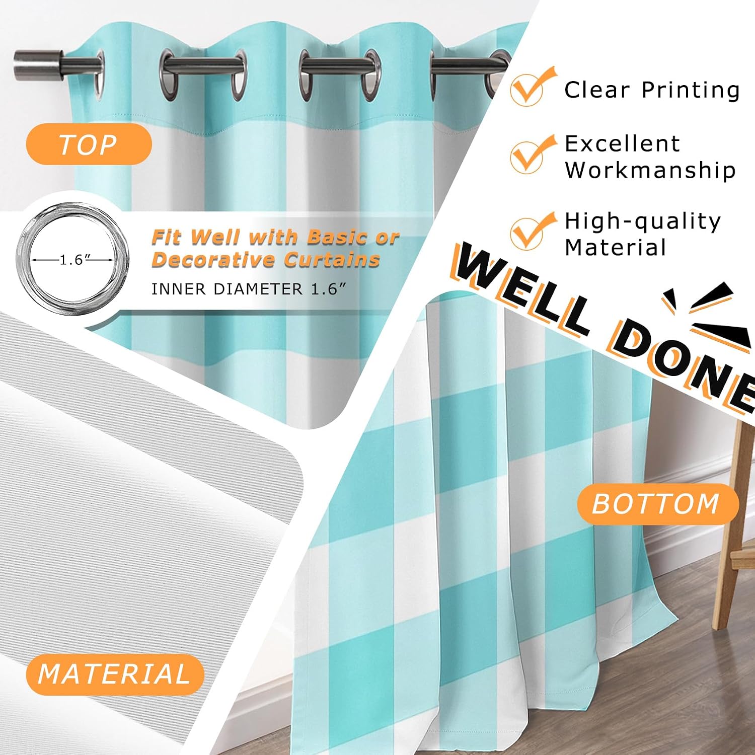 Buffalo Plaid Curtains 63 Inch Length - Blue and White Checkered Check Patterned Blackout Curtains for Living Room Bedroom, Room Darkening Grommet Drapes Window Treatments, 2 Panel Set