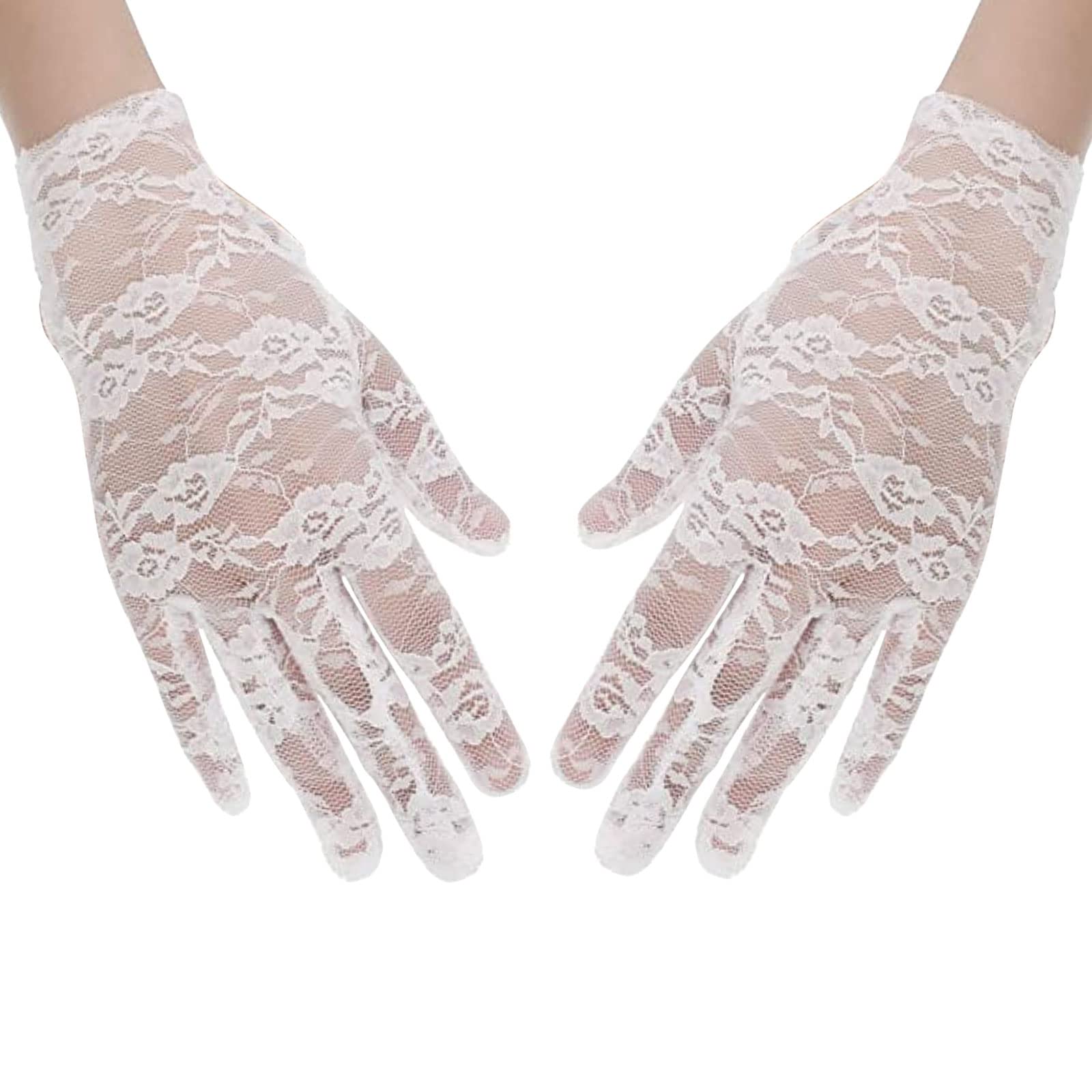 Andiker Guantes de encaje para mujer, guantes cortos vintage de ópera delicados guantes de cortesía de punto para boda, fiesta de té, fiesta de noche, accesorios de disfraz, blanco, talla única
