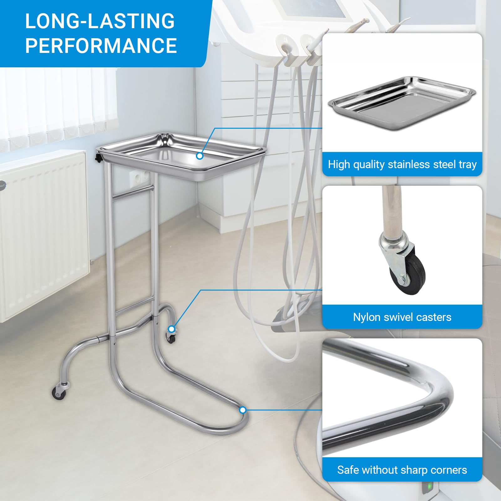 Mayo Instrument Stand, Mobile Rolltisch für Zahnmedizin, Veterinärmedizin, Haustierkliniken Zubehör - Verstellbare Höhe 35 "-51" Doppelposten Dienstwagen mit Lift-Out-Tray (A)