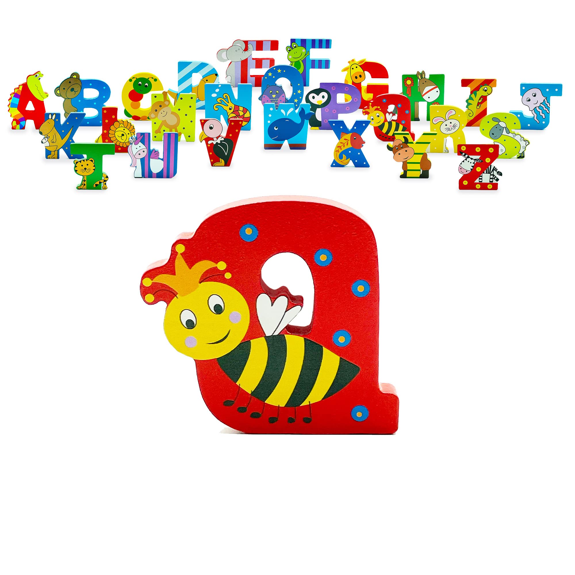 Orange Tree Toys Wooden Letters, Letter Q for Queen Bee - Alphabet Animal Letters for Personalised Baby Name, Toy Box, Door, Wall Decorations - Animals Nursery Decor, Boys Girls Bedroom Accessories