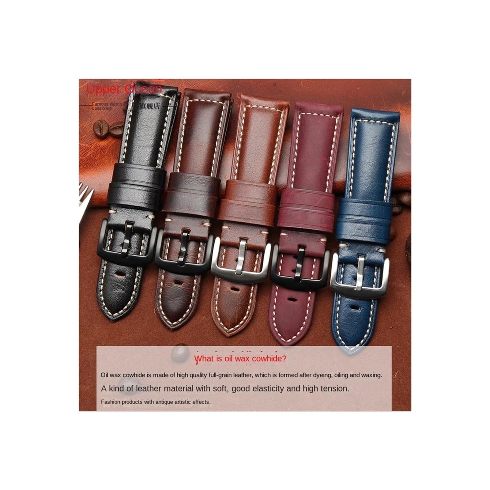 Correa de reloj de cuero retro Compatible con relojes de pulsera Compatible con Panerai/Seiko/Tissot for hombre
