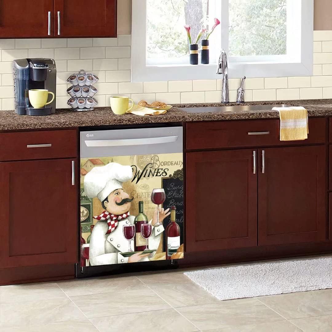 Chef and Wine Kitchen Decor Stickers Dishwasher Magnet Cover Decal, Bordeaux Wine Dishwasher Fridge Cover Decals Sheet, Magnetic 23"x26"INCH