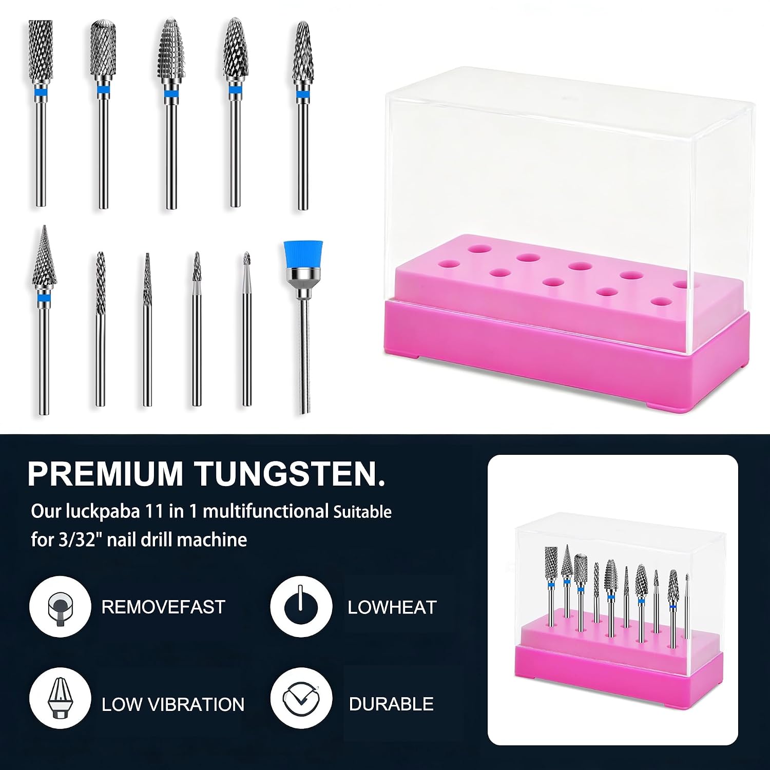 Carbide Nail Drill Bits, 3/32'' Nail Drill Bit Set for Acrylic Nails, Fast Remove Gel Polish, Cuticle, Tungsten Carbide Bits for Nail Art Salon & Home Use (11pcs)