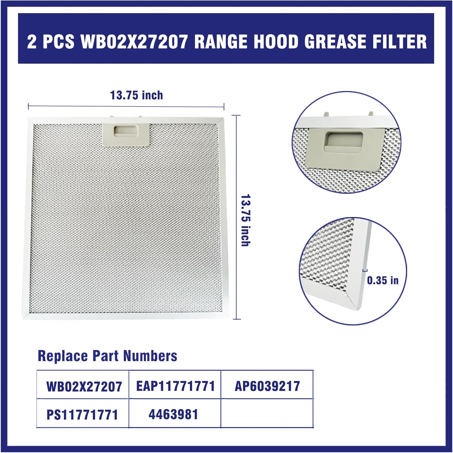 2 Pcs WB02X27207 Range Hood Grease Filter Mesh Fit for GE JVX5300BJ1TS JVX5300DJ1WW JVX5300DJ1BB, Replace 4463981 AP6039217 PS11771771 EAP11771771 (13.75''x13.75'')