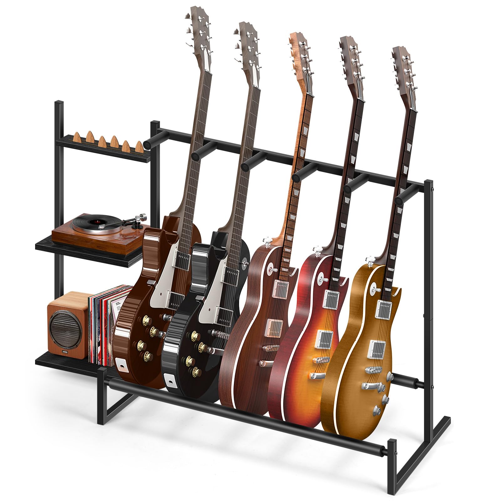 Gitarrenständer, Gitarrenhalter für 5 Saiteninstrumente, geeignet für Akustikgitarre, Bass, Gitarrenständer mit seitlichen Ablagen für Plattenspieler, mit rutschfesten Gummipads, Schwarz
