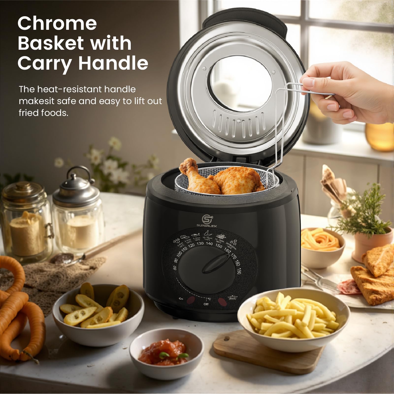 Friteuse mit Fett 1L Elektrische 950W Kompakte Mini Fritteuse Öl mit Temperaturregelung Edelstahl Filter für Knusprige Pommes Frites Hähnchen Fisch Snacks für Küche Haushalt Gastronomie
