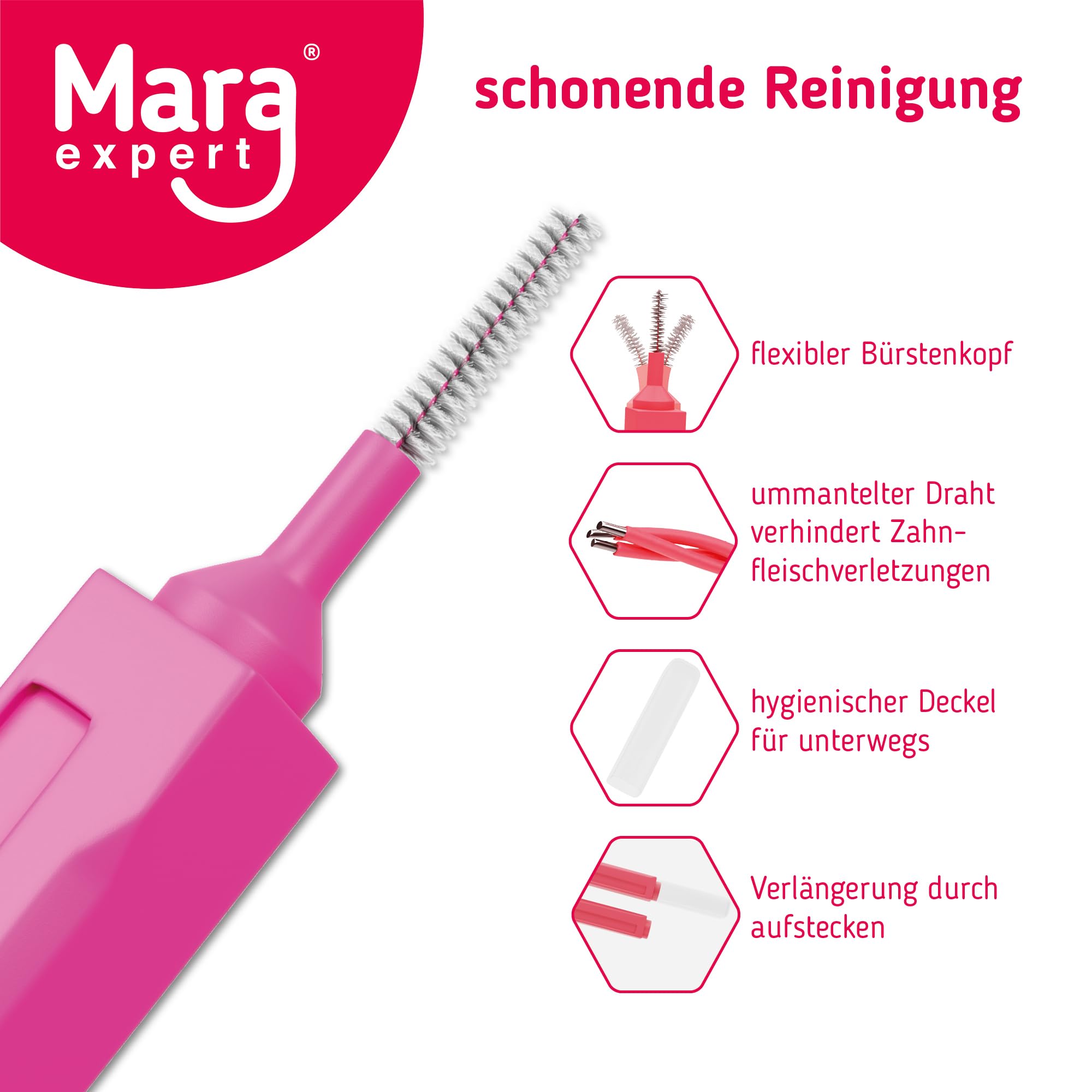 MARA EXPERT Cepillos interdentales ISO 2 – 10 x 8 cepillos interdentales rosa – Cepillo interdental con cerdas naturales – Manual, estacionario, para dientes, implantes, coronas, aparatos ortopédicos