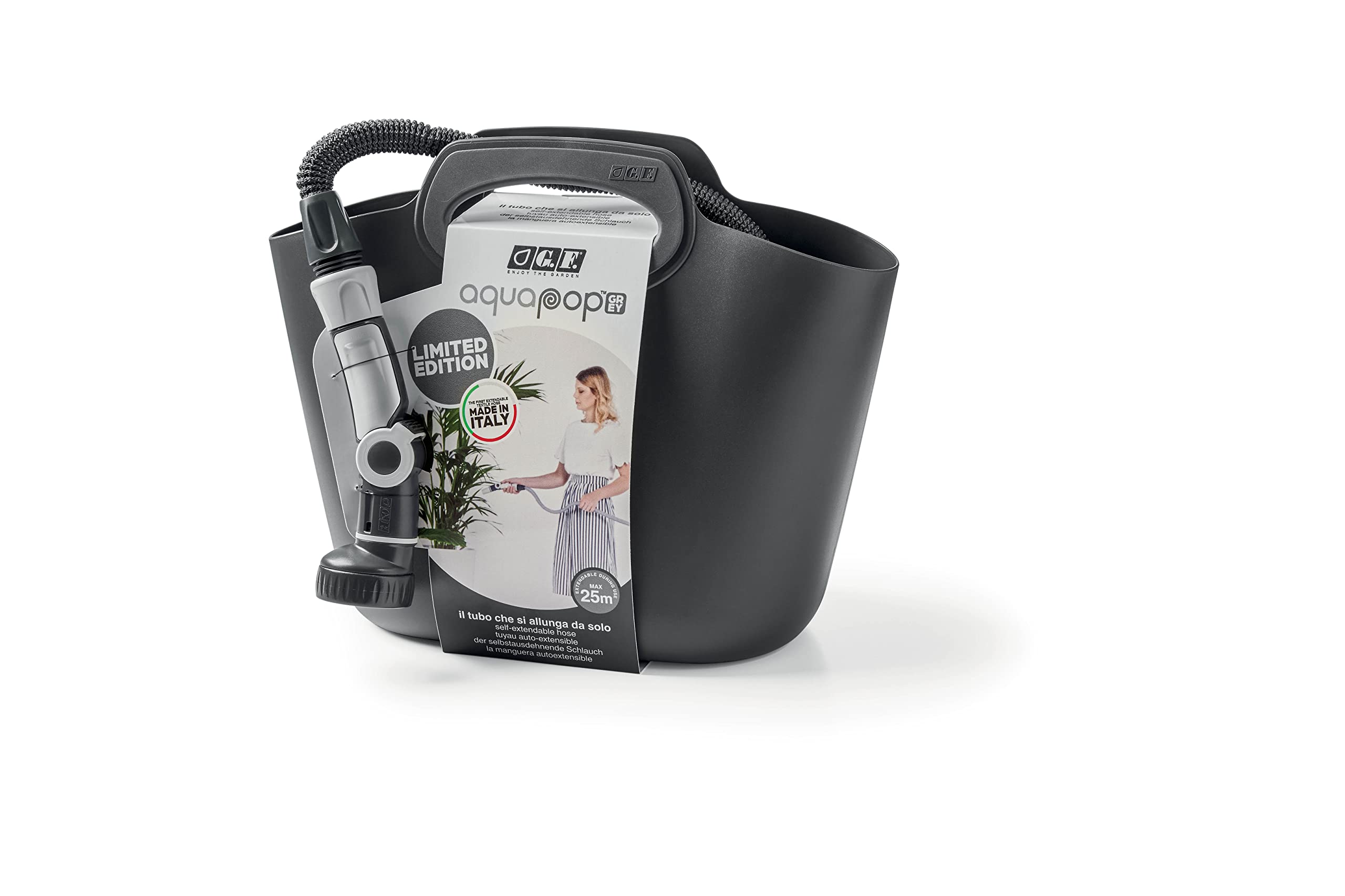 G.F. SRL, Aquapop Grey Edition limitée comprend 25 mètres de Tuyau Auto-extensible PRODUIT EN ITALIE, sac de rangement, Lance 8 jets et Raccords, pour l’Arrosage de Jardins et Balcons, Gris foncé