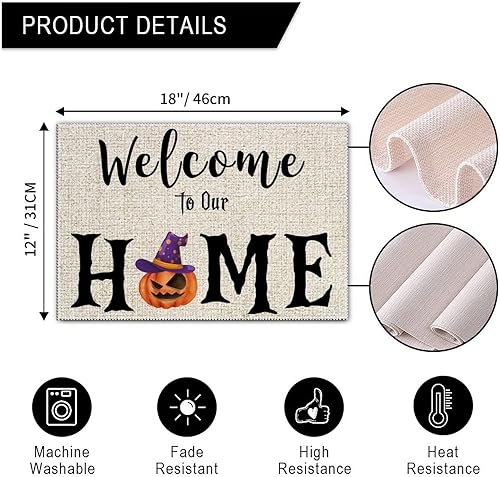 Miniatura 2 de Tapete de mesa de Halloween Bienvenido a nuestro hogar, tapete de bruja y calabaza, regalo de inauguración de la casa, 12 x 18 pulgadas, mantel
