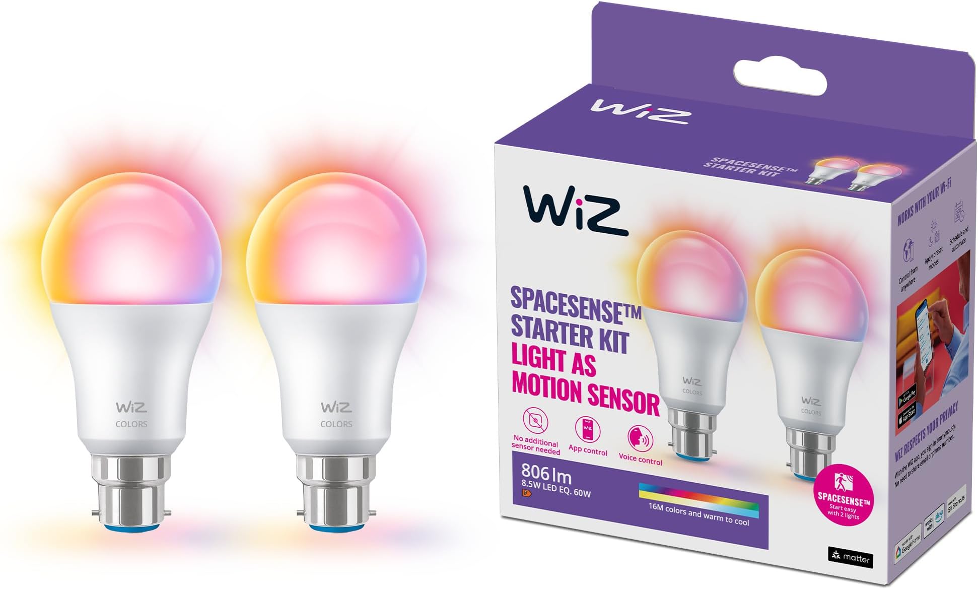 Smart Bulb, B22 Colour, Dimmable, Smart LED Connected WiFi Works with Alexa, Google Assistant & HomeKit, App Control for Home Indoor Lighting, Livingroom, Bedroom, Energy Monitoring, 2 Pack
