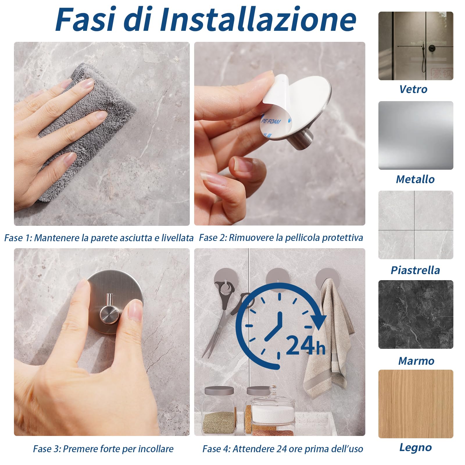 Feligio Ganci Adesivi Cucina, Appendi Accappatoio Bagno, Ganci Appendiabiti Adesivo, Appendini Adesivi Forte Senza Foratura, Argento 8 Pezzi