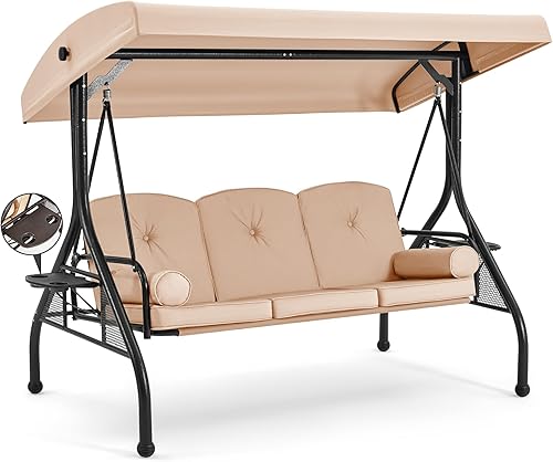 Miniatura 11 de HOMREST Columpio de Porche Exterior de 3 Asientos con Portavasos de 1.5" de Profundidad, Toldo Ajustable, Cama Columpio de Patio con Soporte,