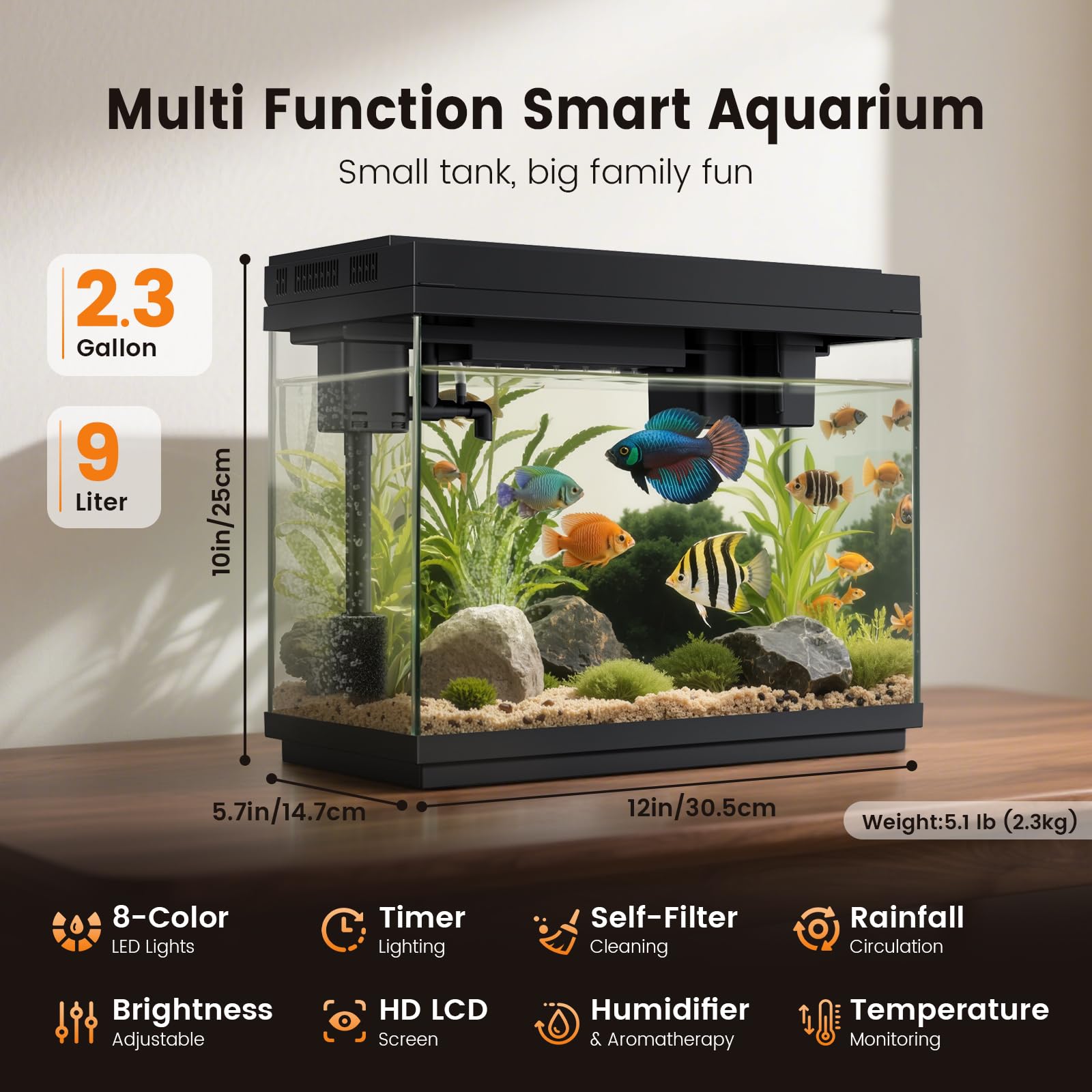 Betta Tank Fishkeeper 2.3G Smart Aquarium - Ultra Clear Glass W/ Auto Timer 8-Color RGB Lights, 4-in-1 Self-Cleaning Silent Water Pump, Aromatherapy, Temperature Display, Perfect For Desktop Decor Fish Tank
