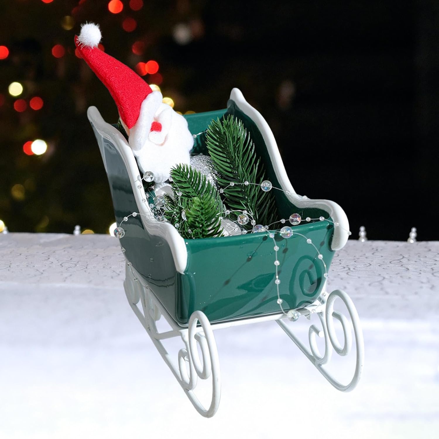 HouseVibe Christmas Sleigh Table Ornament Sled Shaped Bin Centerpiece Candy Bowl Storage Basket for Festive Holiday Mantle Winter Home Decor- Green