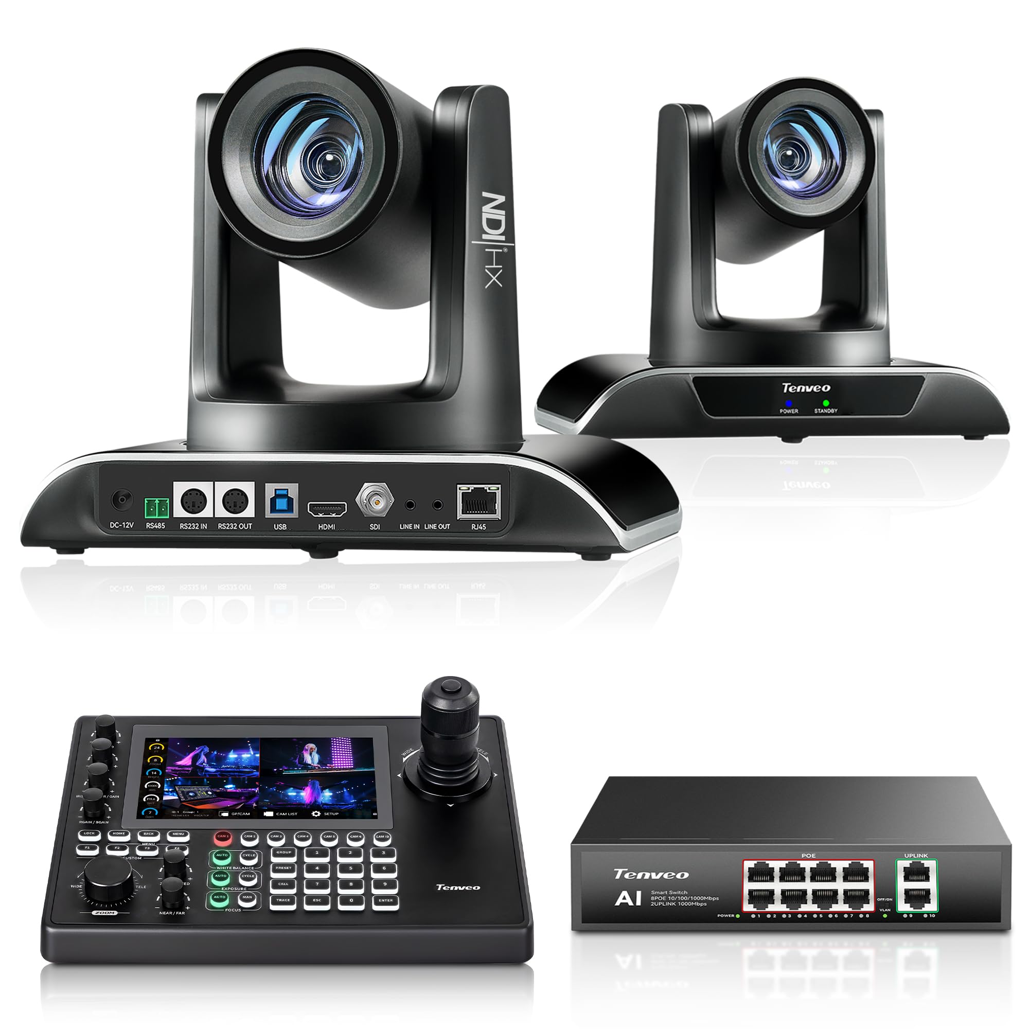 Tenveo NDI Cámara PTZ Zoom Óptico 30X NDI/SDI/HDMI/USB3.0/RJ45 PoE（VHD630A-NDI*2）+Controlador NDI|HX3 PTZ 7" táctil Quad-View Joystick 4D+ Interruptor Power Over Ethernet Switch PoE