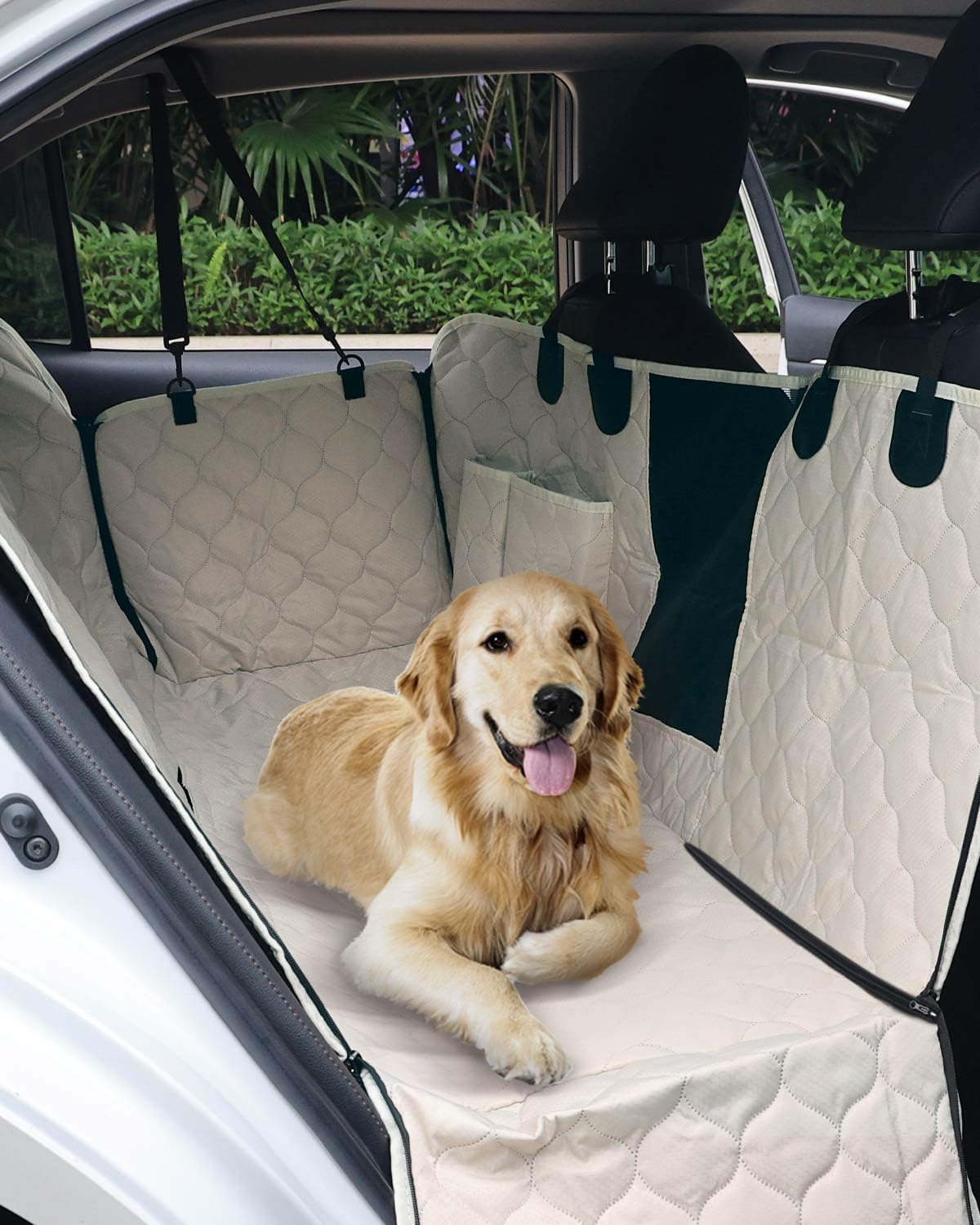 PETICON Coprisedile auto per cani con finestra a rete, 100% impermeabile, coprisedile per sedile posteriore, antigraffio, amaca per cani per auto, camion, SUV, Jeep, beige