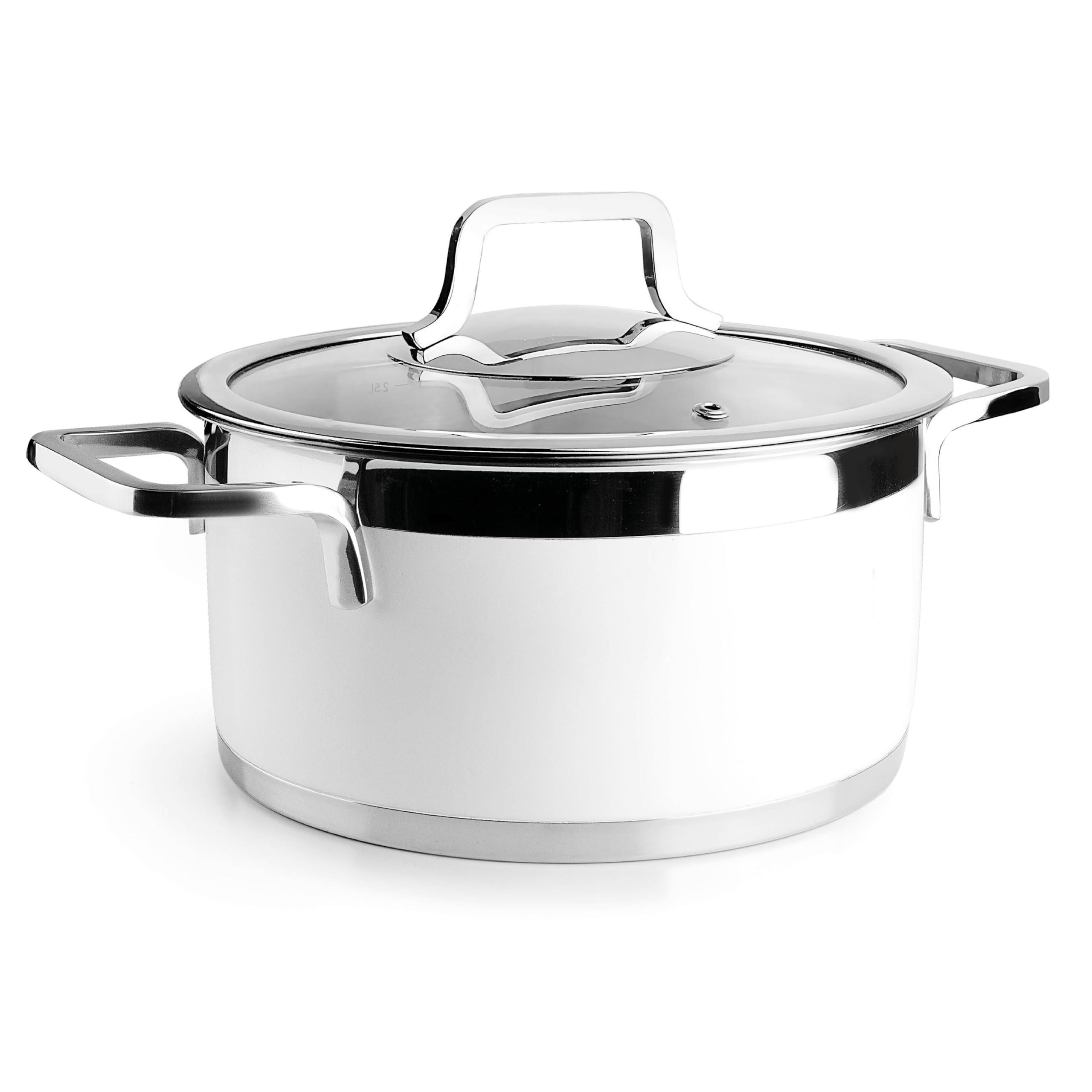 Lacor - 15420 - Buffetauflauf mit Deckel weiß, Edelstahl 18/10, Innenverkleidung geschliffen, ergonomische Griffe, Boden mit Sandwich-Wärmeverteiler, induktionsgeeignet, backofenfest, Ø20cm, weiß | Aus lebensmittelechtem Edelstahl gefertigt; hohe Korrosio