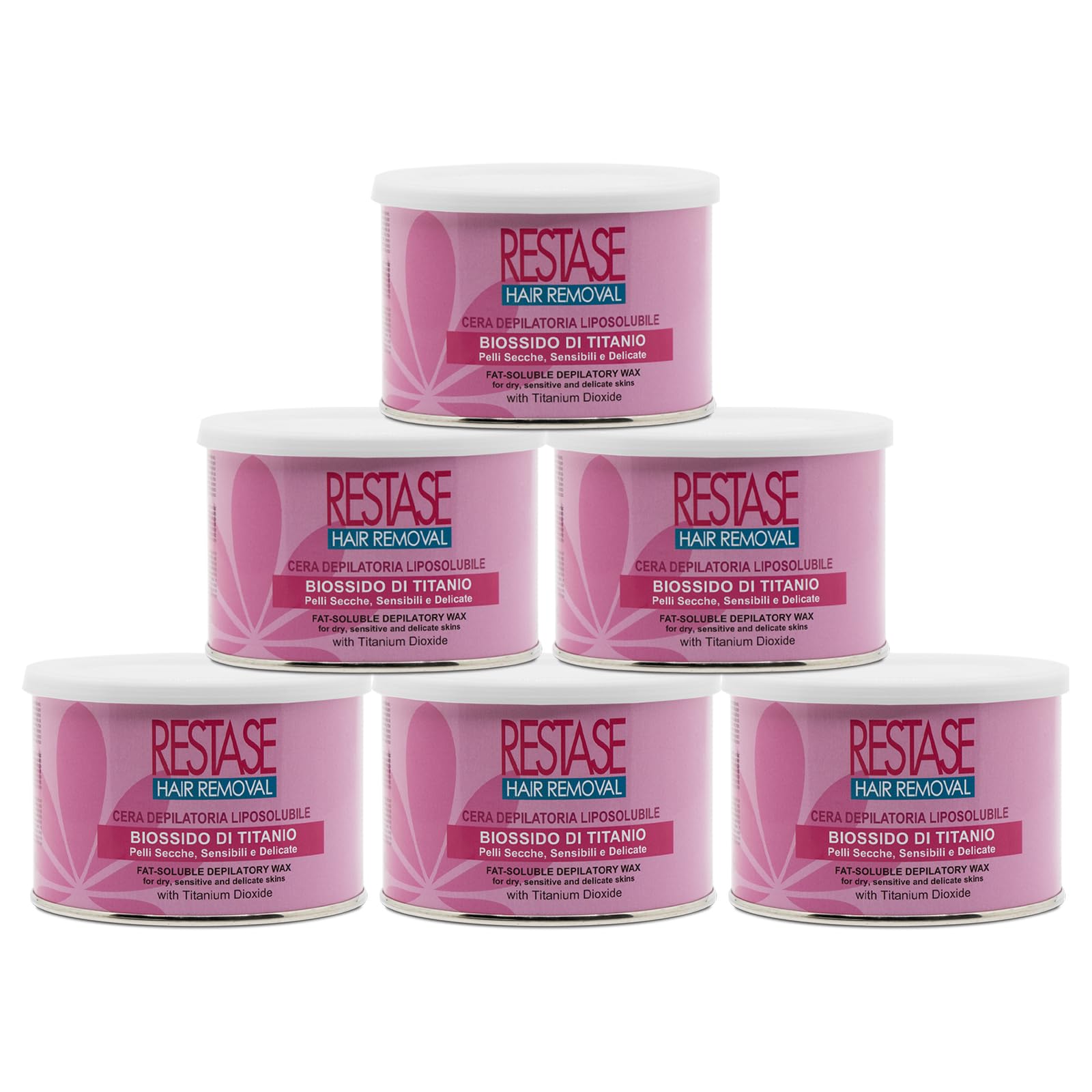 RESTASE | Liposoluble Depilatory Wax, Titanium Dioxide, Dry, Sensitive and Delicate Skin, 6 x 400 ml, Made in Italy