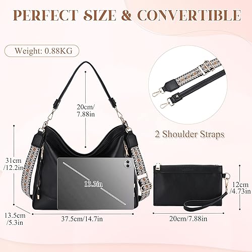 Miniatura 2 de RAVUO Bolso Hobo para mujer, bolso cruzado de cuero vegano y cartera, juego de 2 piezas, bolsos de hombro elegantes con correa ajustable Negro