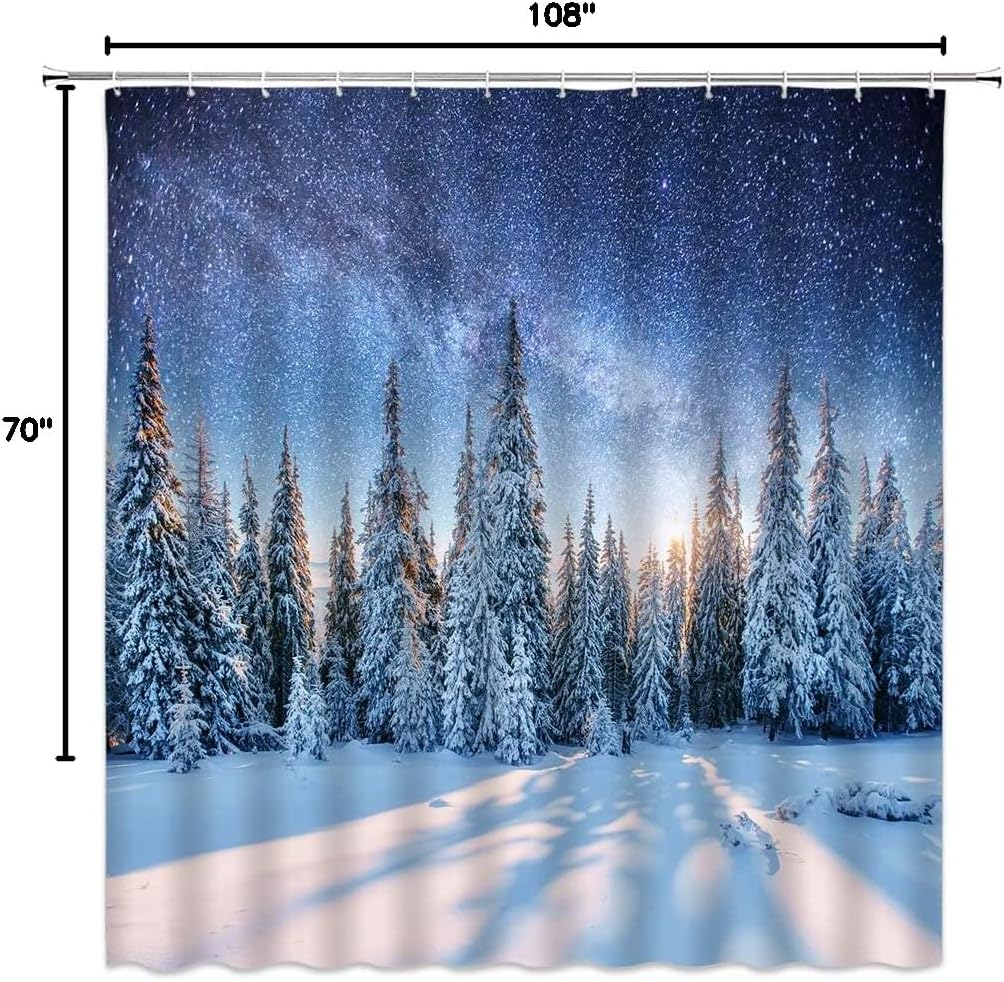 Winter Forest Shower Curtain Pine Tree Forest Blue Jungle Snowflake Snowy Day Rustic Christmas Holiday Nature Scenery Bathroom Decor Fabric Bathroom Sets with Hooks