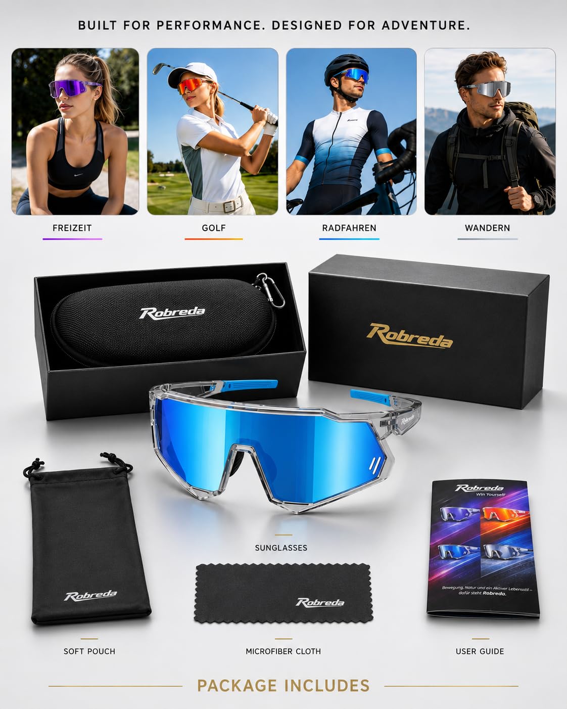 Schnelle Brille Herren, [34G TR-90 Ultraleicht] Fahrradbrille Herren Damen, UV400 Schutz Sportbrille, Voller Rahmenschutz, Verstellbare Nasenpads & Bügel, rennrad brille