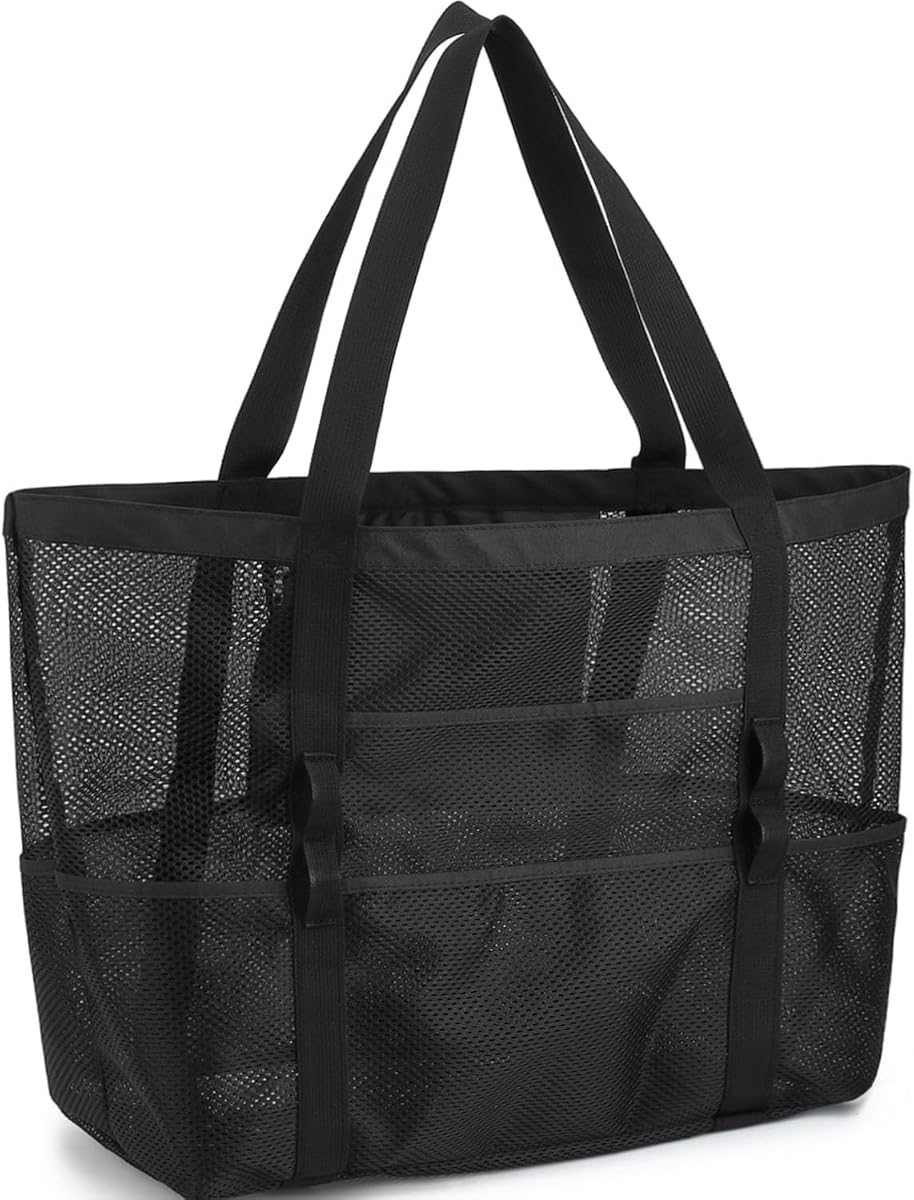 Mesh Beach Bag for Women, Sand-Resistant Pool Tote, 9 Pockets (1 Inner Zip), Foldable Family Travel Essentials