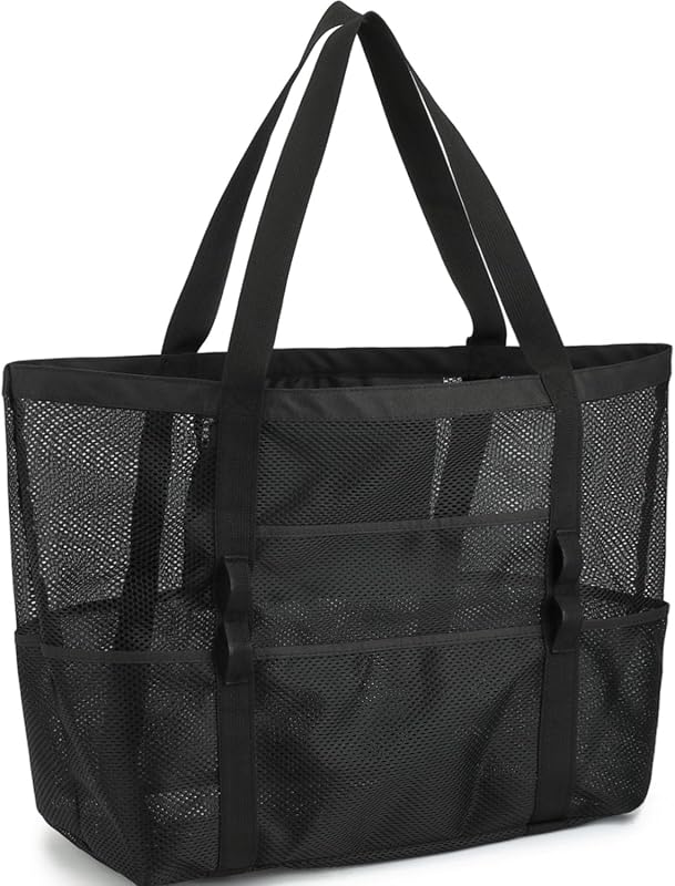 Mesh Beach Bag for Women, Sand-Resistant Pool Tote, 9 Pockets (1 Inner Zip), Foldable Family Travel Essentials
