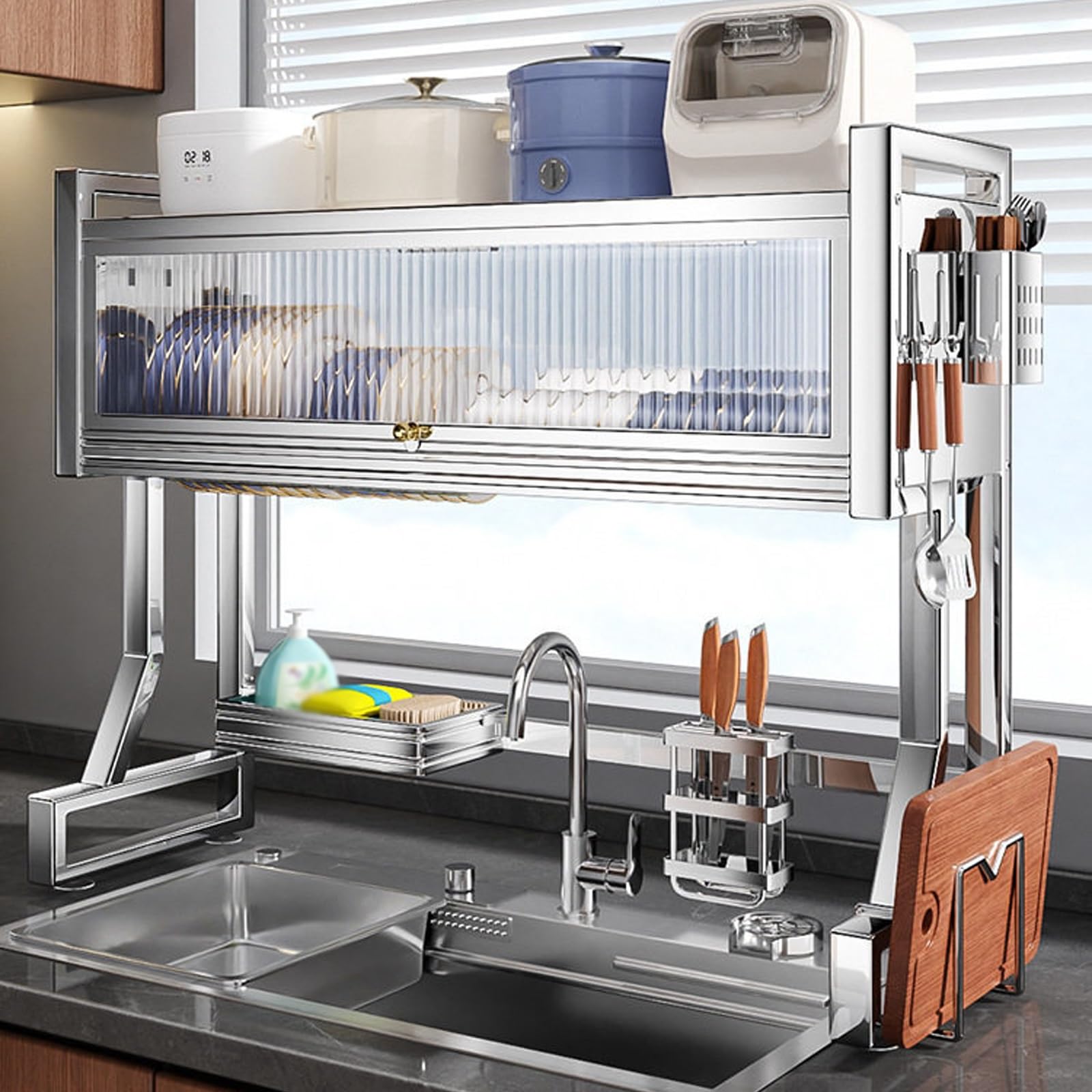 inless - Scolapiatti da lavello in acciaio – Nizer chiuso con anta dell'armadio, Lar Kitchen Sto per piatti, sils e ciotole (87 x 28,5 x 80 cm)