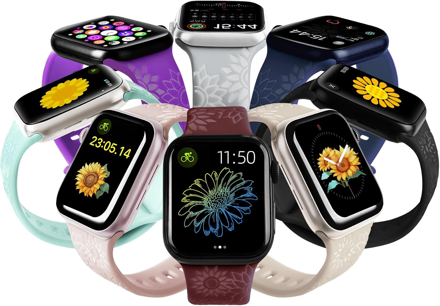 6 Pack Flower Engraved Bands Compatible Apple Watch Band With 38mm 40mm 41mm 42mm 44mm 46mm 45mm 49mm Women Men.Silicone Floral Reflective Sport Strap for iWatch Series 10 9 8 7 6 5 4 3 SE Ultra 2 1