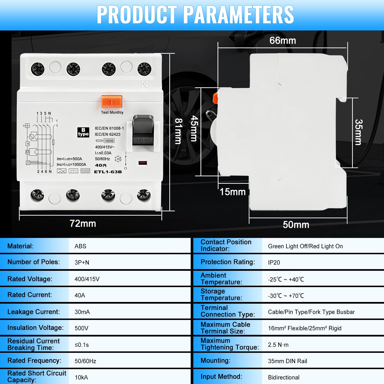 Interruttore magnetotermico differenziale 40A 30mA tipo B salvavita 4P 10kA RCCB AC415V interruttore differenziale per Sistemi fotovoltaici,stazioni di ricarica e apparecchiature industriali ETL1-63B