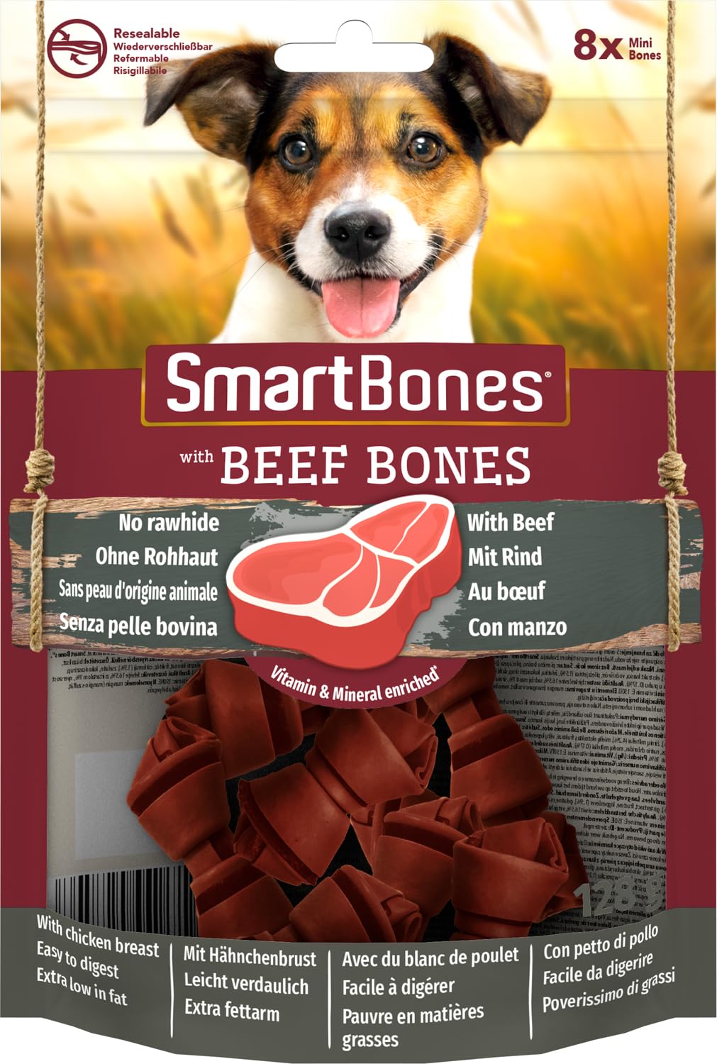 SmartBones Ossa masticabili Mini - Snack da masticare al Gusto di manzo per Cani di Piccola Taglia, 8 Pezzi