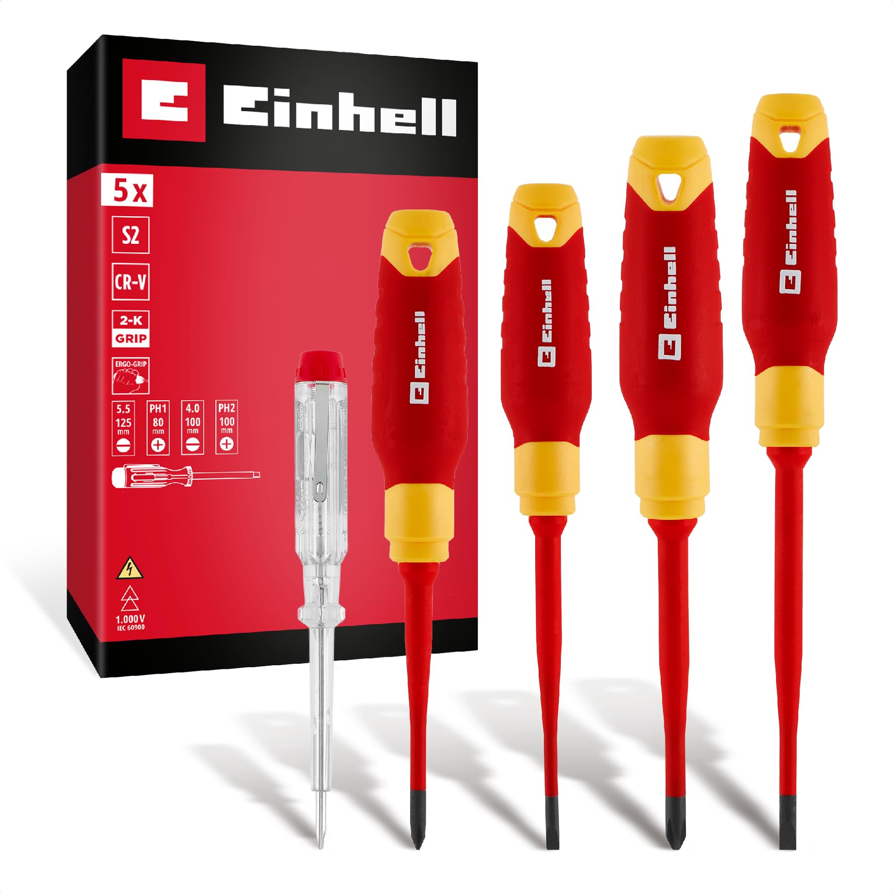 Einhell 5 pezzi set di cacciaviti per elettricisti | Utensili isolati | tester di tensione | lame S2 | impugnature ergonomiche | installazioni elettriche