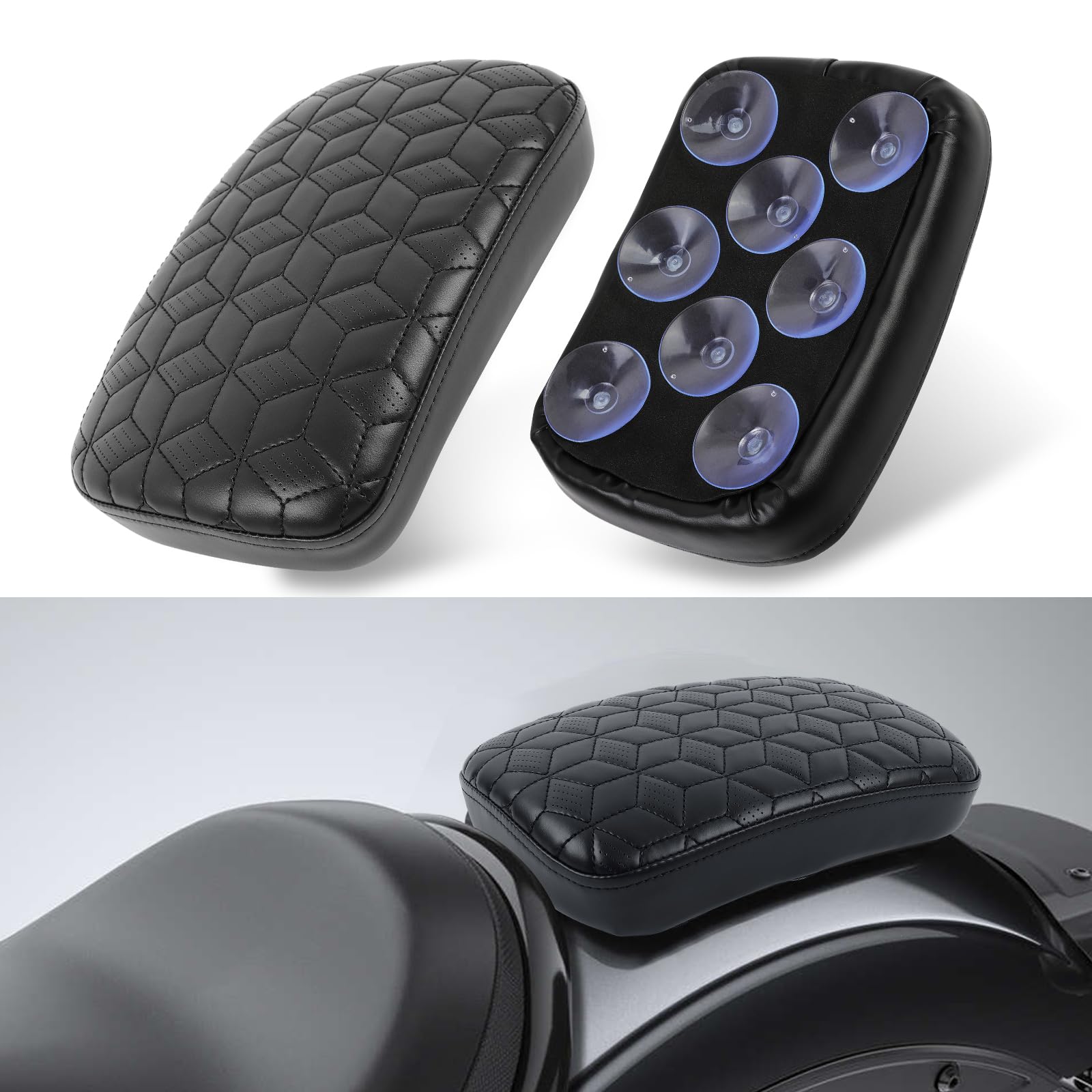 DREAMIZER Universal Black Motorcycle Solo Passenger Seat Rear Cushion 8 Suction Cups Compatible with Harley Davidson Sportster XL 883 1200 Forty Eight Dyna Chopper Bobber Custom (Diamond-Breathable)