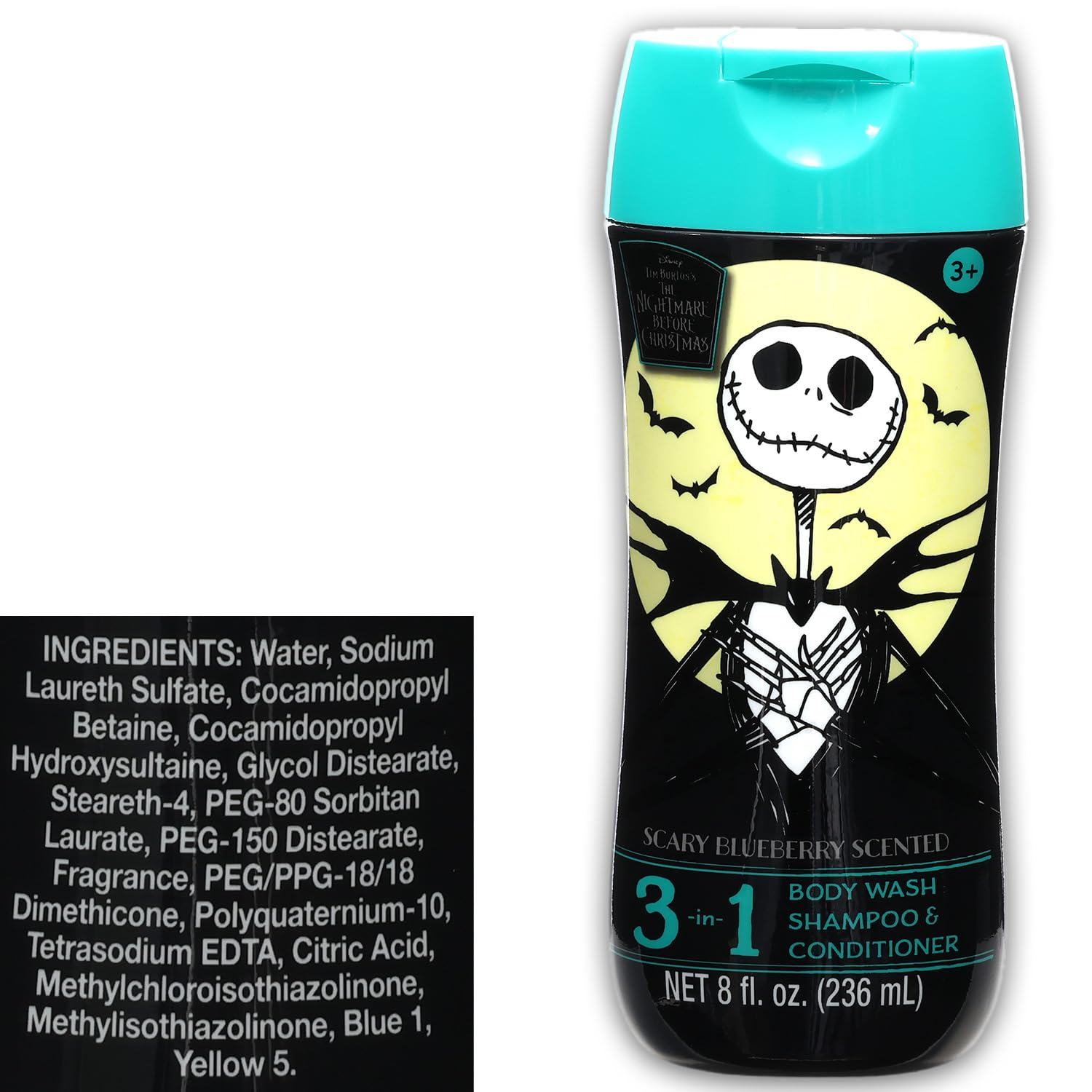 Nightmare Before Christmas Kids Shampoo, Conditioner, Body Wash 8 Oz Bottle - Bundle with Disney 3-in-1 Scary Blueberry Scented Body Wash, Shampoo & Conditioner Plus Stickers | Disney Bathroom Set