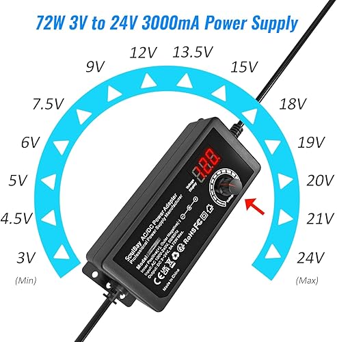 Miniatura 7 de SoulBay Adaptador universal de fuente de alimentación de CA CC de 72 W, 3 V a 24 V de salida con voltaje ajustable y pantalla de voltios para