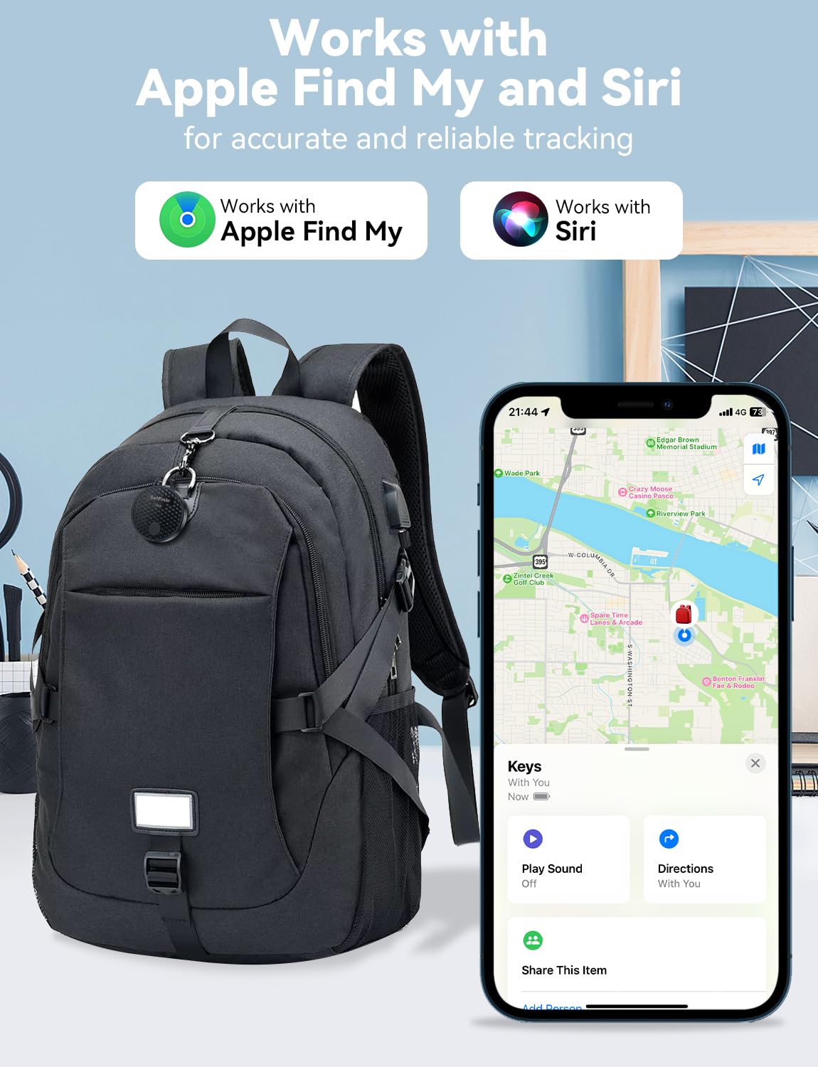SwiftFinder Bluetooth Tracker Tag Works with Apple Find My (iOS Only), Keys Finder and Item Locator for Backpack, Keys, Luggage, Up to 350 ft Range, Replaceable Battery, Water-Resistant, 1 Pack