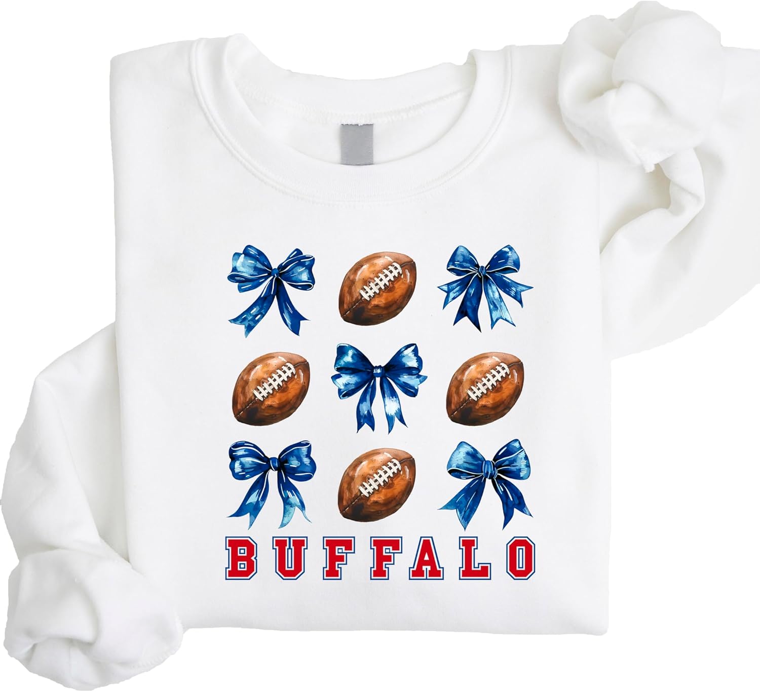 Olive Loves Apple Bold Red Buffalo Football Sweatshirt for Women Teens and Girls Footballs and Blue Bows Sweater
