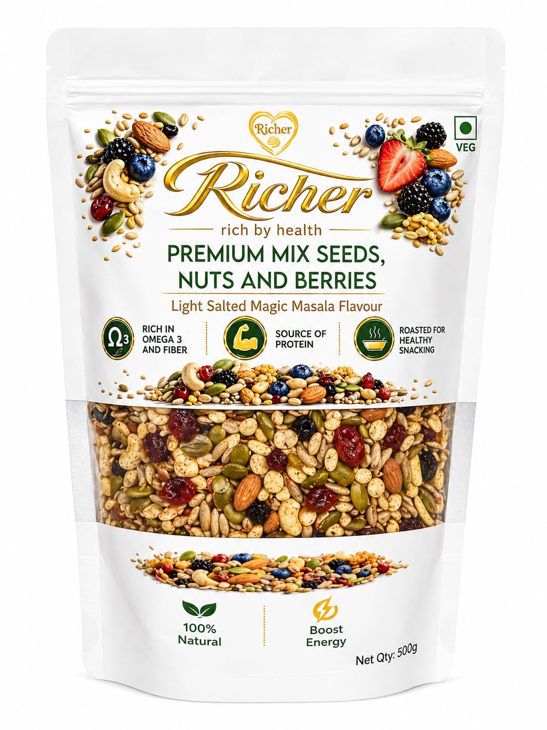 Richer Masala Mix Seeds & Dry Fruits 500g|Roasted healthy snack| Healthy Snack trail mix | High Protein & Fiber | Pumpkin, Sunflower, Watermelon, Flax, Almond, Cashew & Mix Berries| Magic Masala Flavour| Trail mix|Natural| 500g,for Gym &Diet Fit-image-5