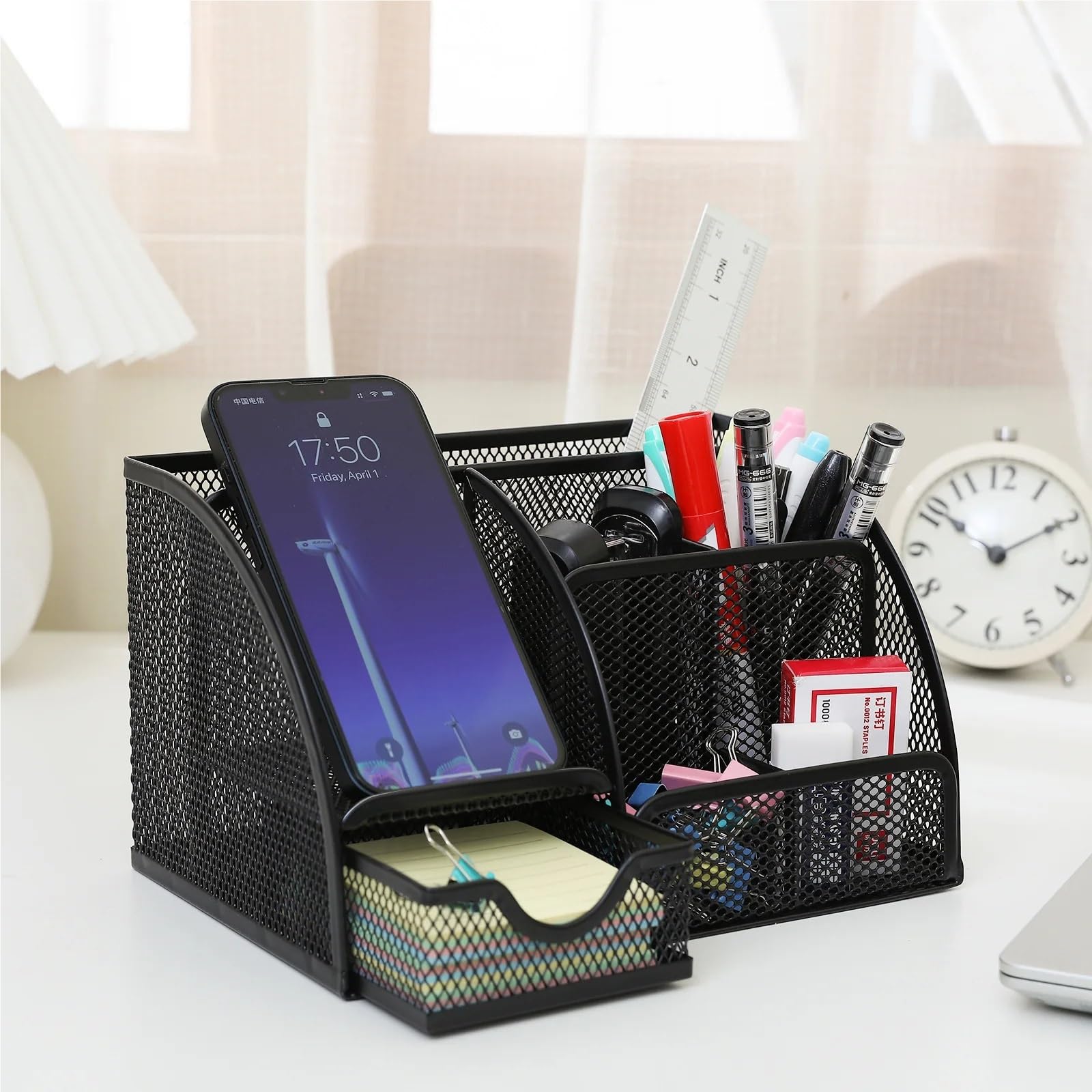 Organizer Scrivania 1PC Pen Holder Large Capacity Metal Desktop Storage Box For Office And Supplies(Seven grids green)