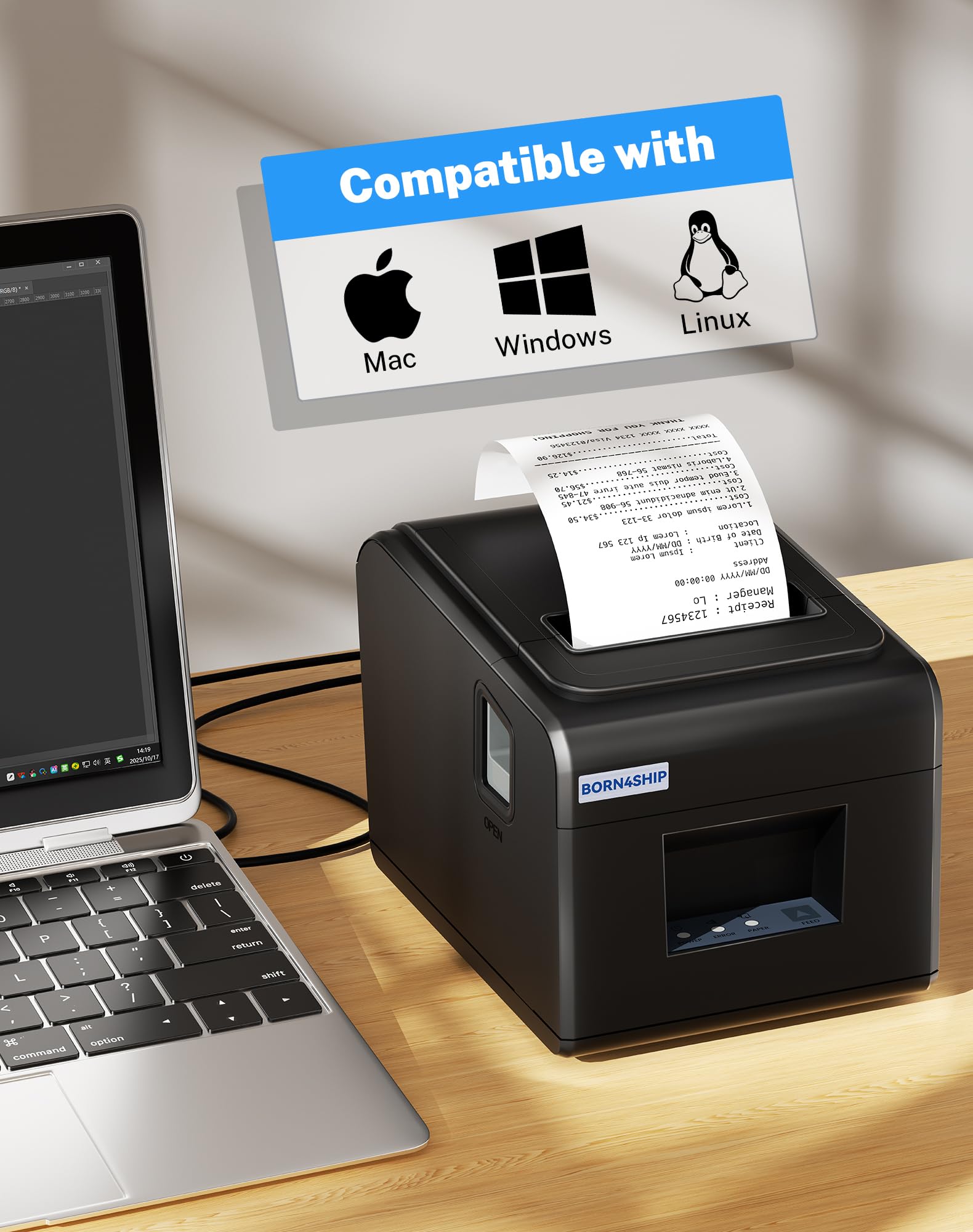 Impresora de Recibo Térmica, 80mm POS Impresora de Ticket Térmica con Puerto USB Ethernet Serial - Corte Automático – Compatible con Win, Mac, Linux, V330M,Negro Profundo