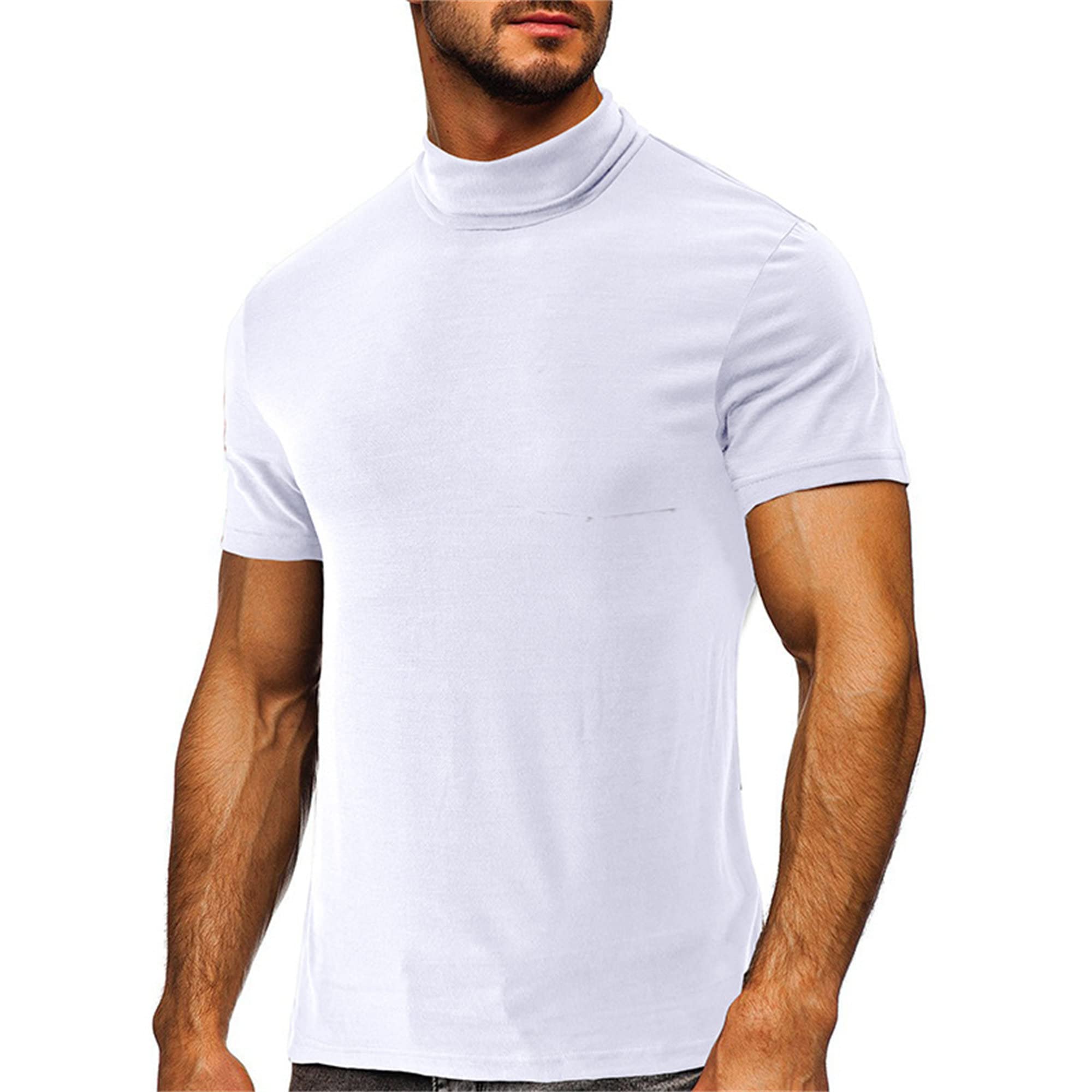 VgueElegc Basic Mock Turtleneck T Shirts Casual Undershirt Solid Color Pullover Tee Short Sleeve Shirt for Men (White,Large)